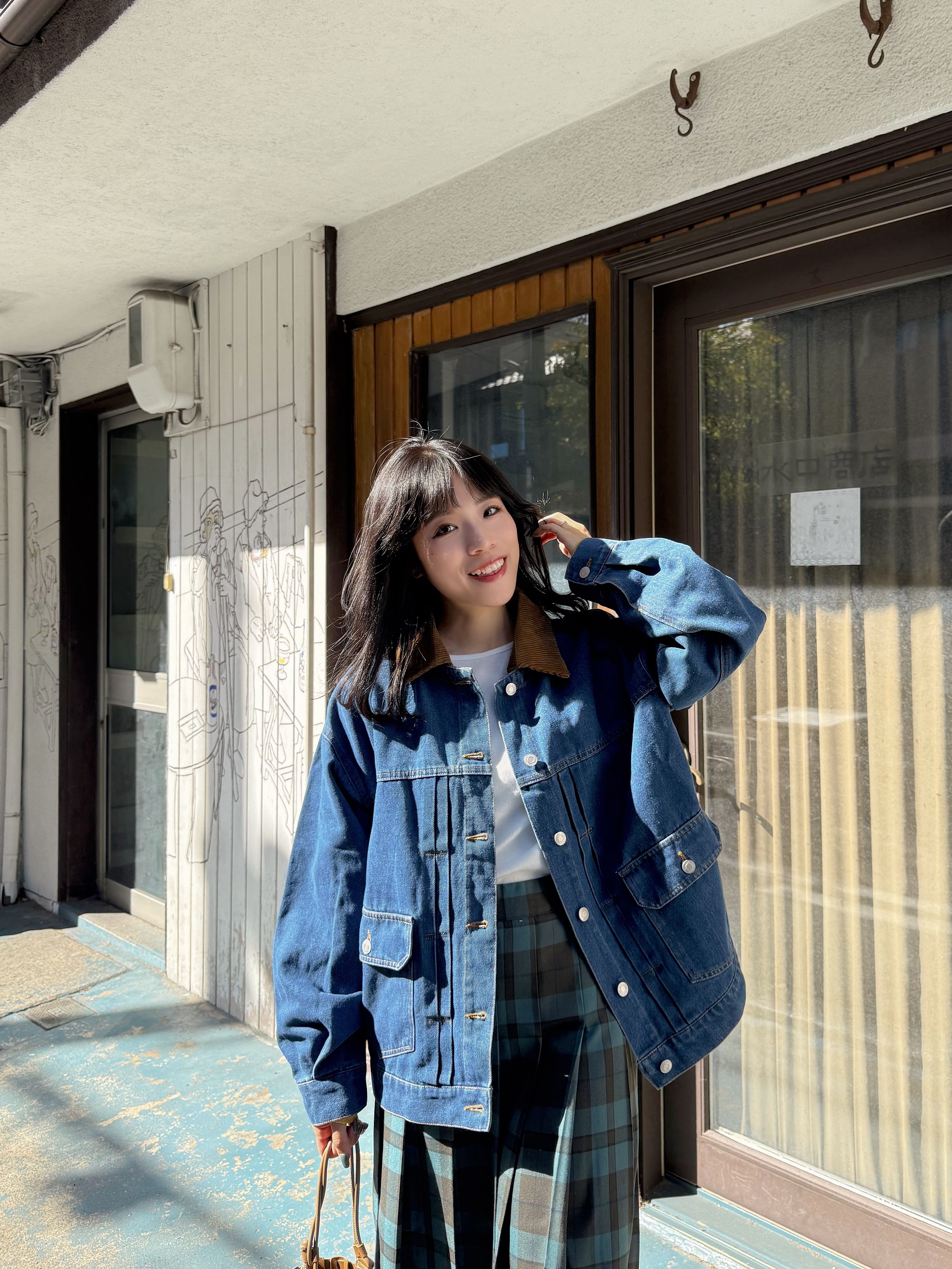 燈芯絨拼色領寬鬆牛仔外套