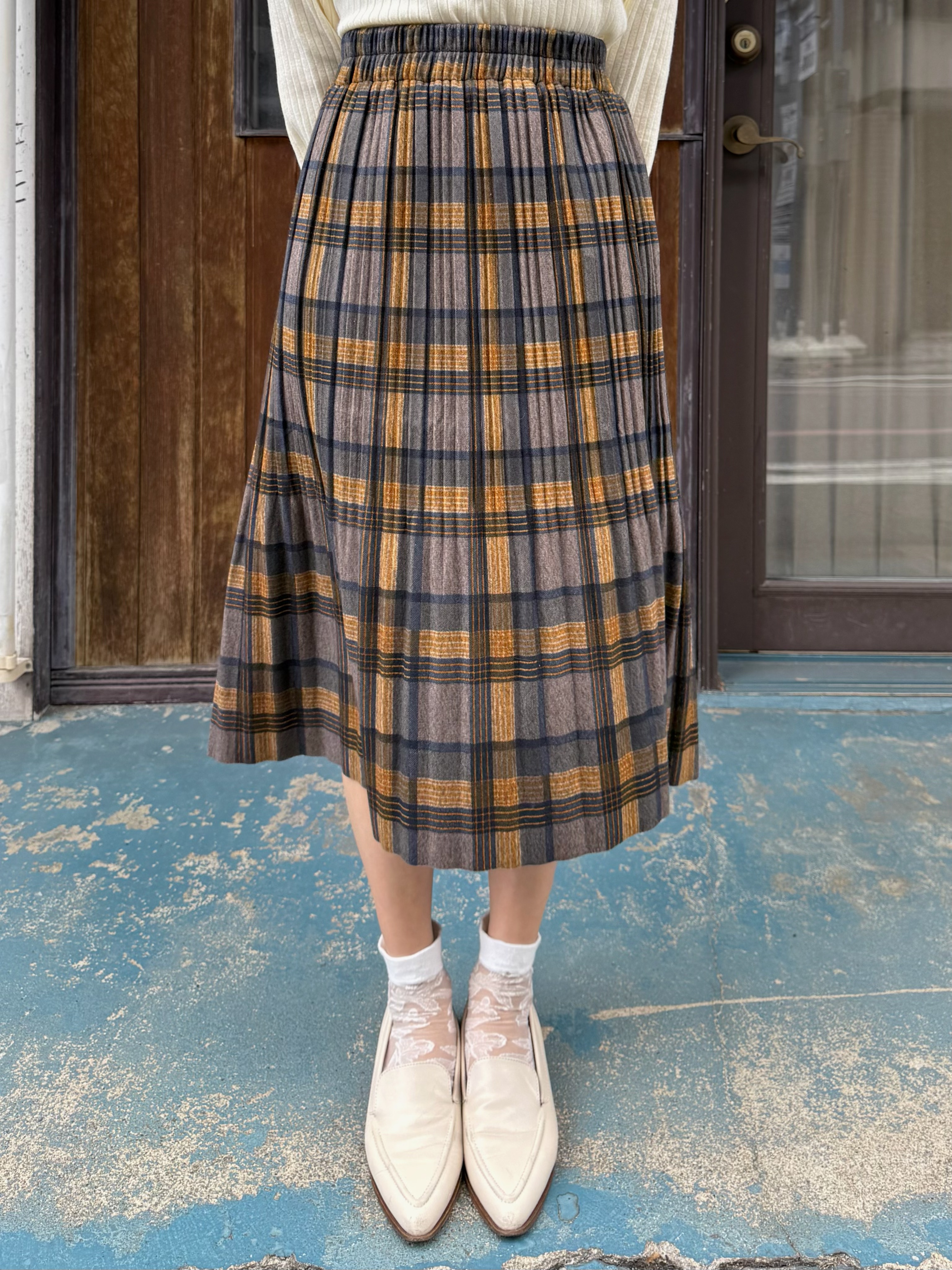 英倫風藍綠格紋薄絨長裙