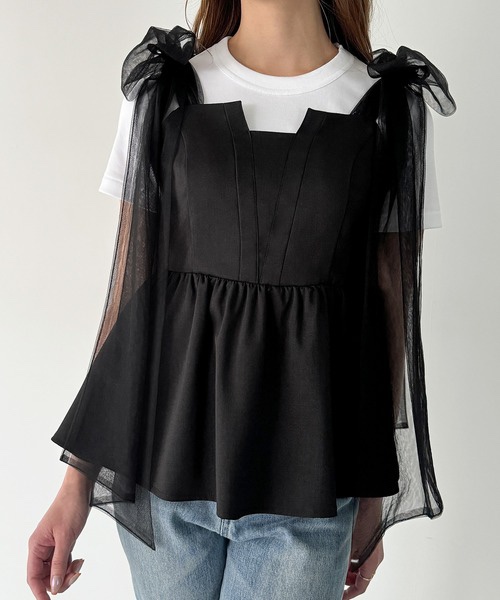 紗蝴蝶結肩帶背心