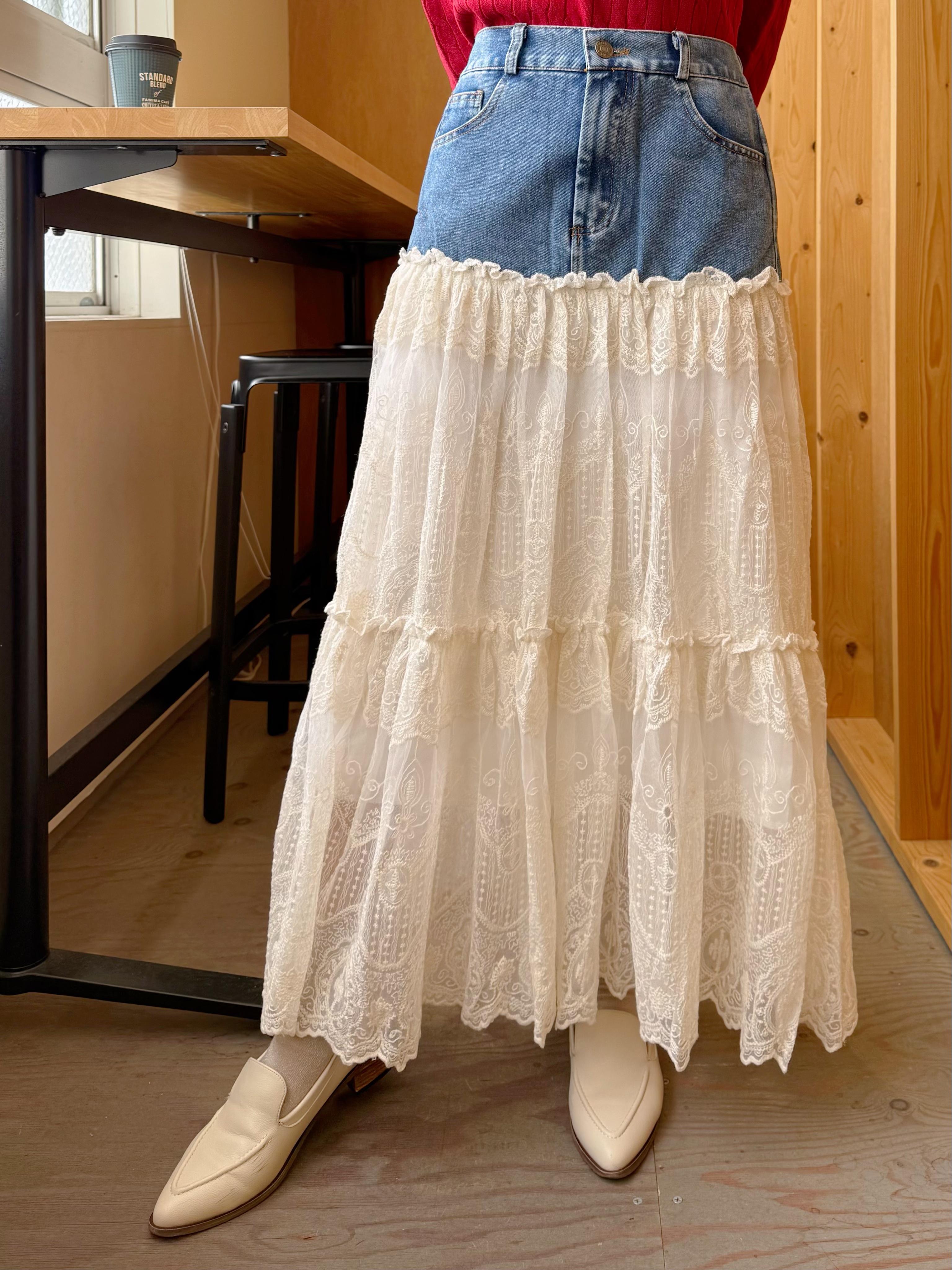 牛仔拼蕾絲A line半身裙