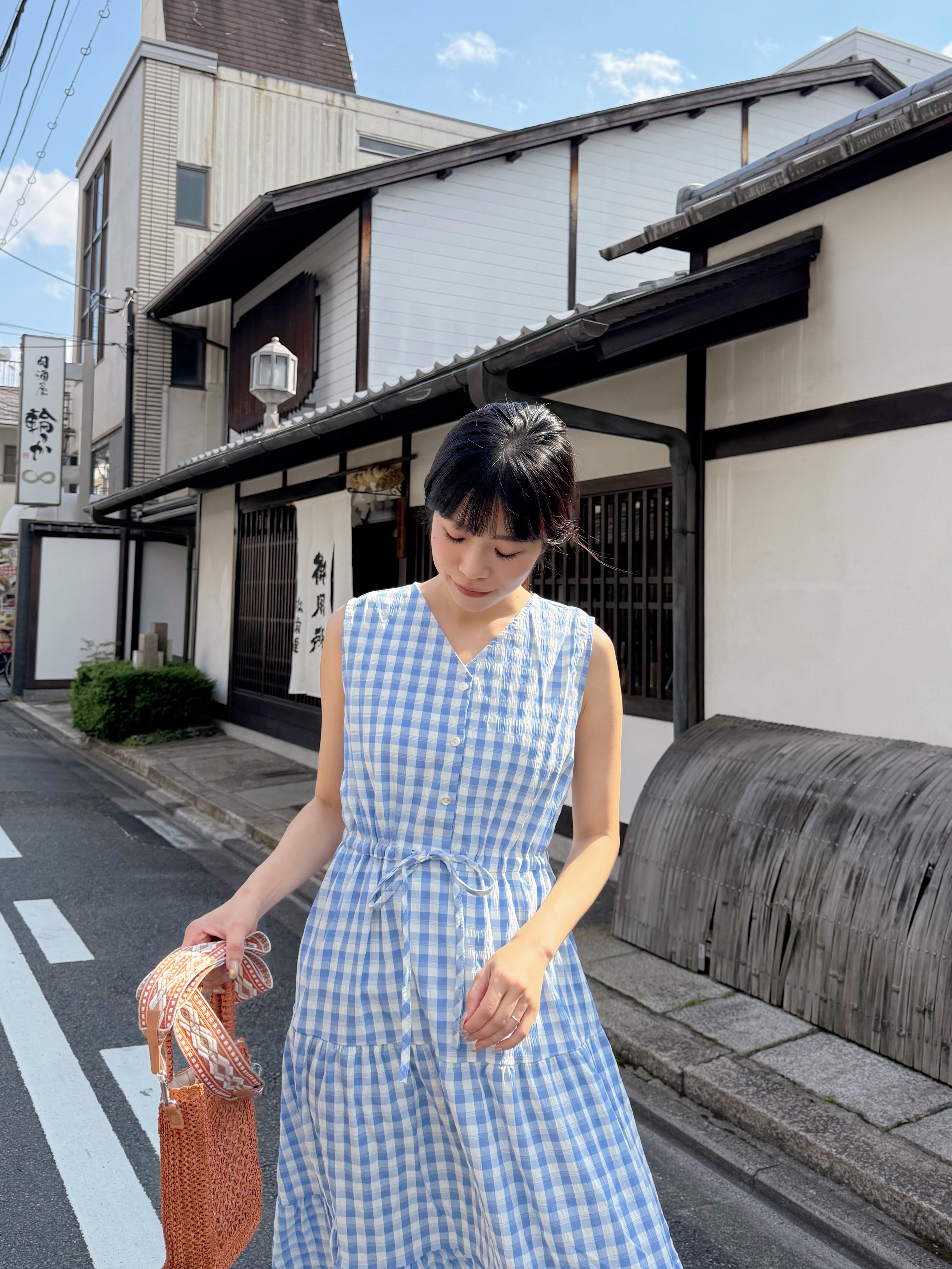 V領格仔背心雪紡連身裙