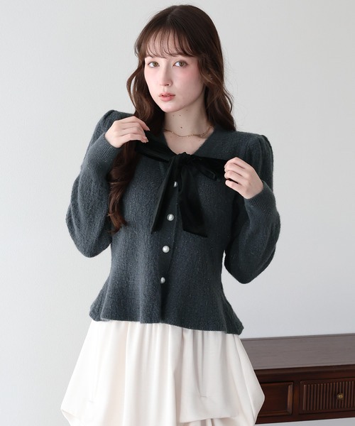 3色•Size M•絲絨蝴蝶結傘擺金線針織外套