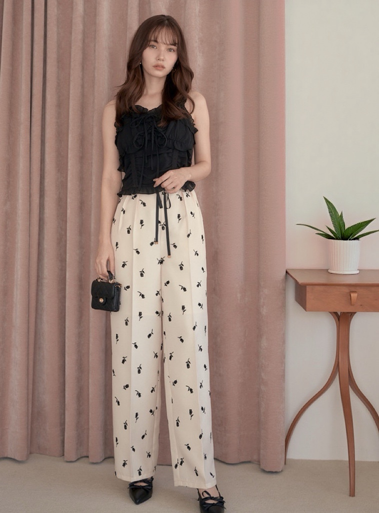 花柄蝴蝶結腰帶長褲