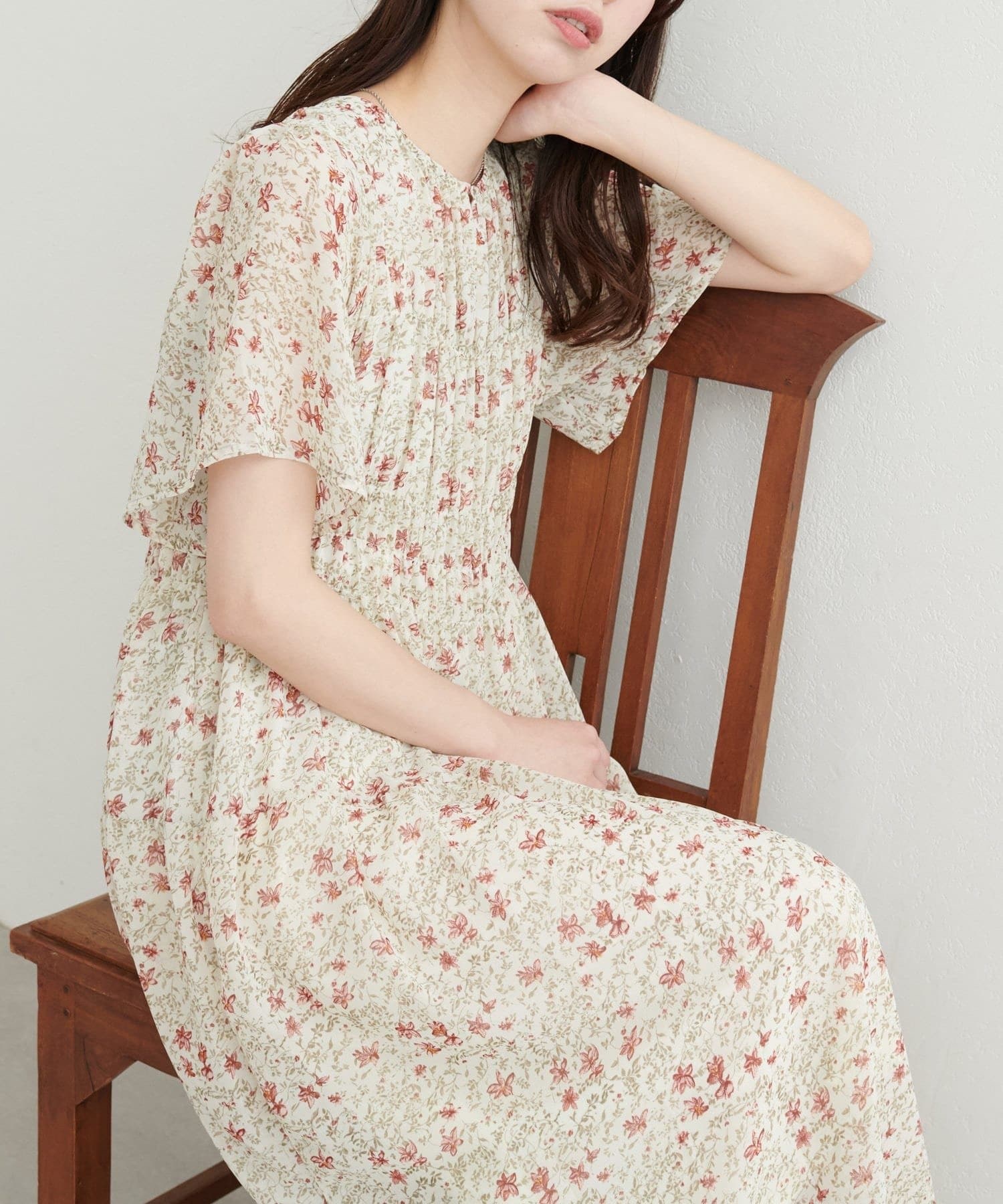 2Way前後傘袖碎花摺摺雪紡連身裙