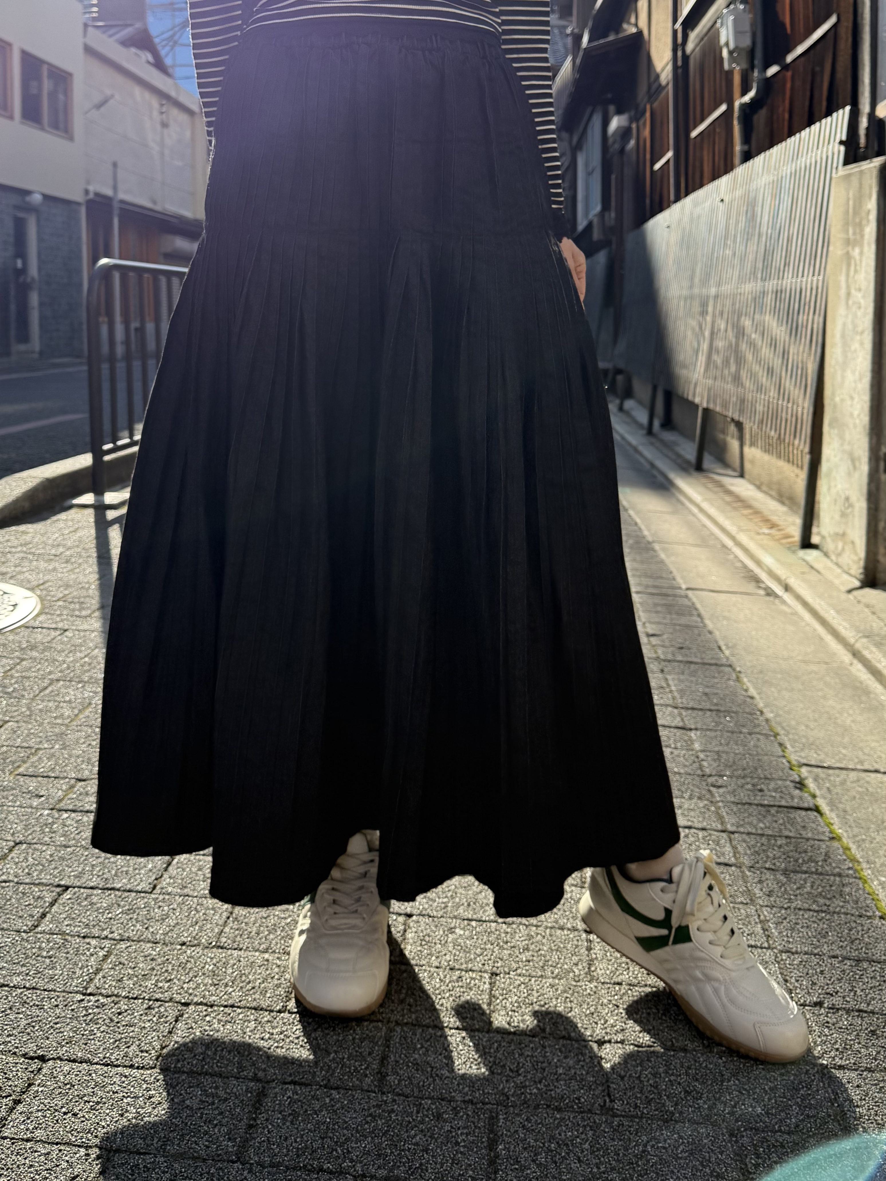 百褶牛仔長款半身裙