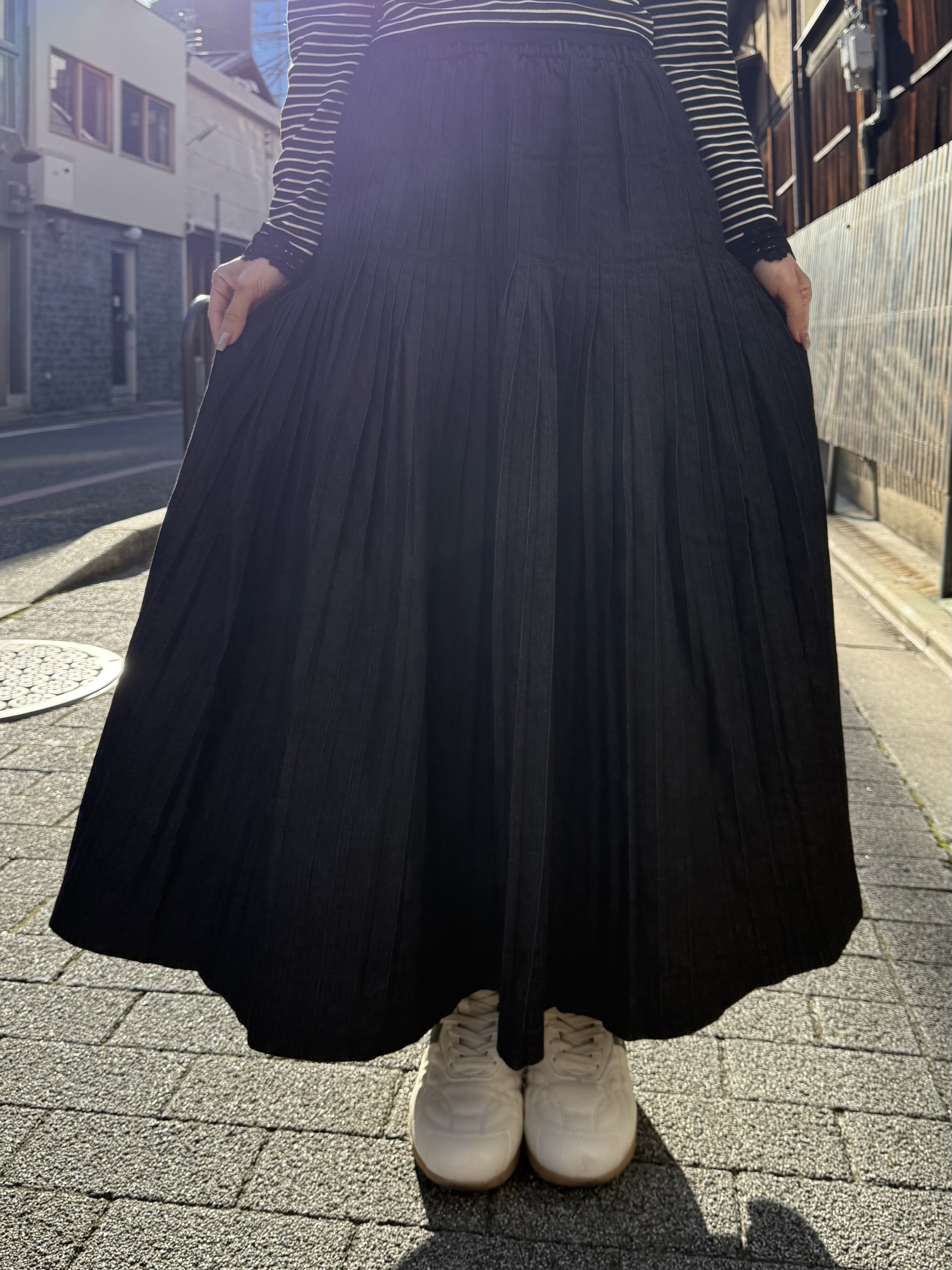 百褶牛仔長款半身裙