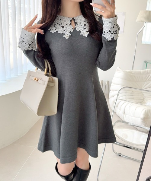 3色・S-XL・珍珠蕾絲大翻領拼接袖口針織迷你連身裙