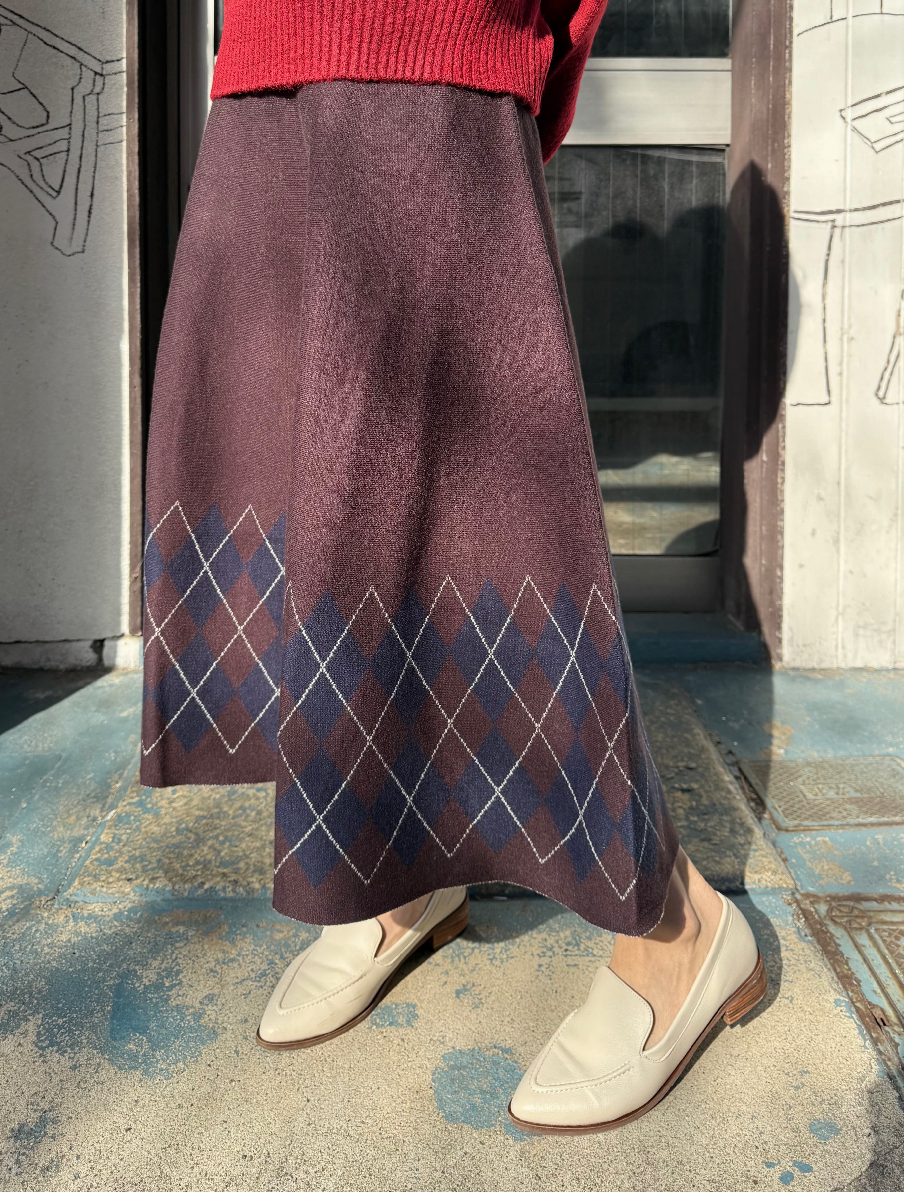 2色•菱格紋針織A字型半身裙