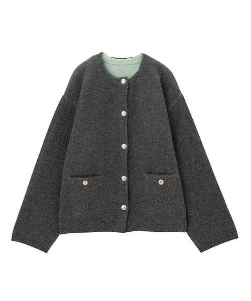 拼色金扣中長款針織外套