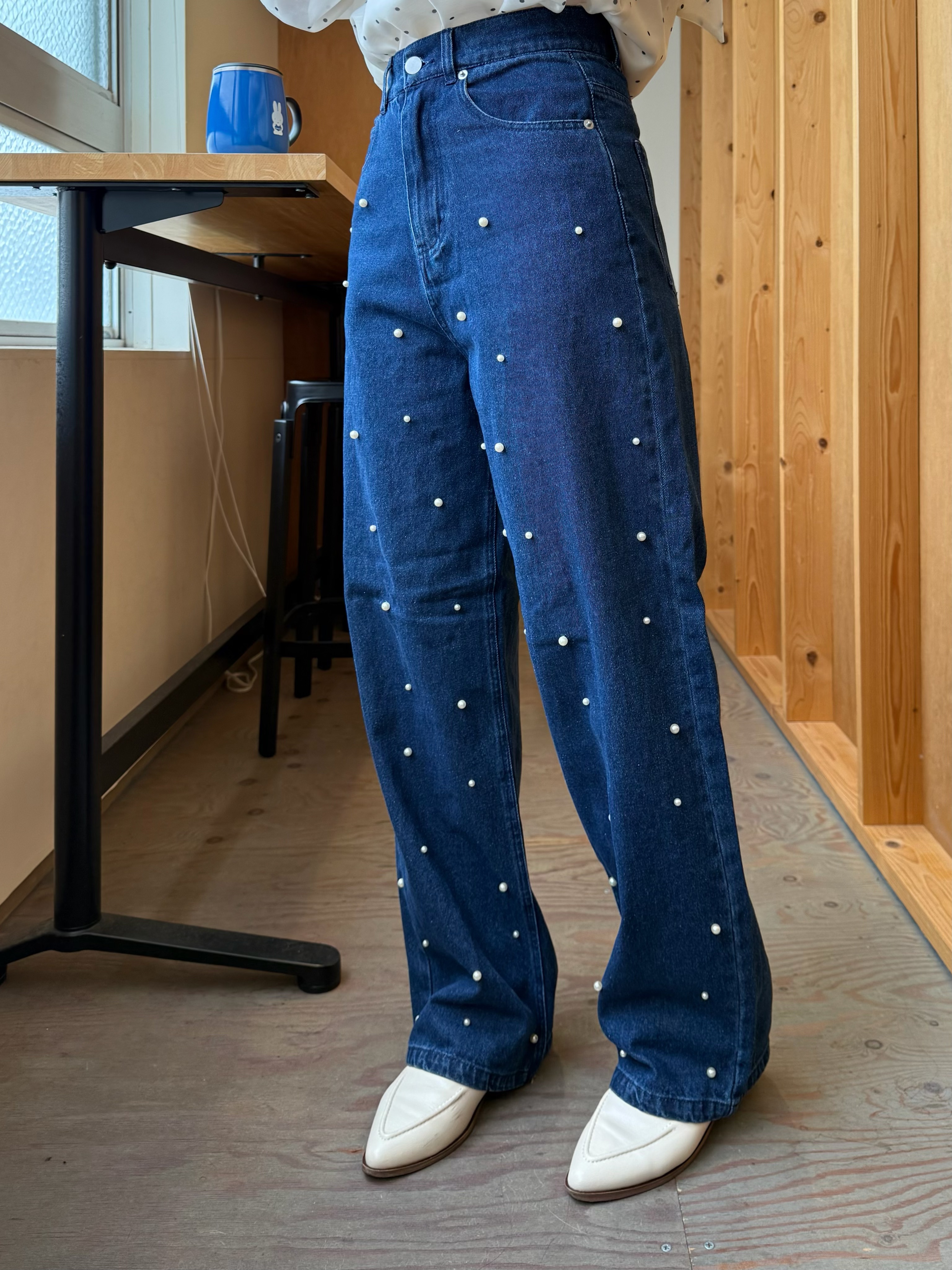 2色•珍珠闊腳牛白褲