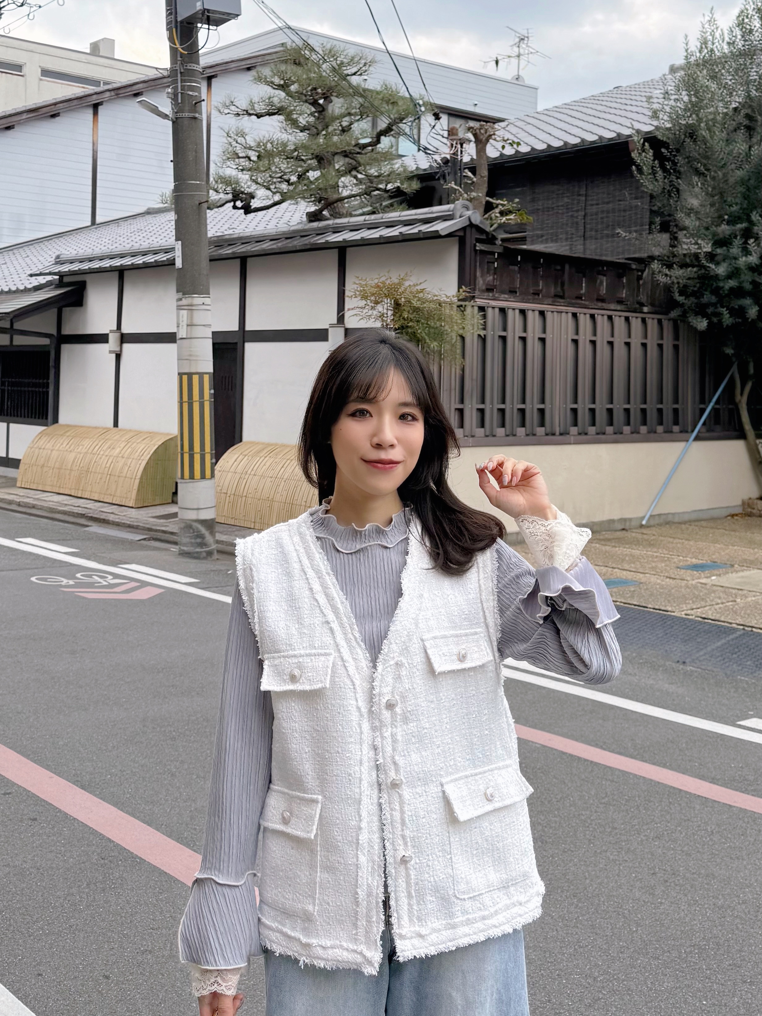 2色•銀絲Tweed流蘇邊背心外套