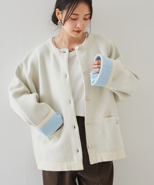 拼色金扣中長款針織外套