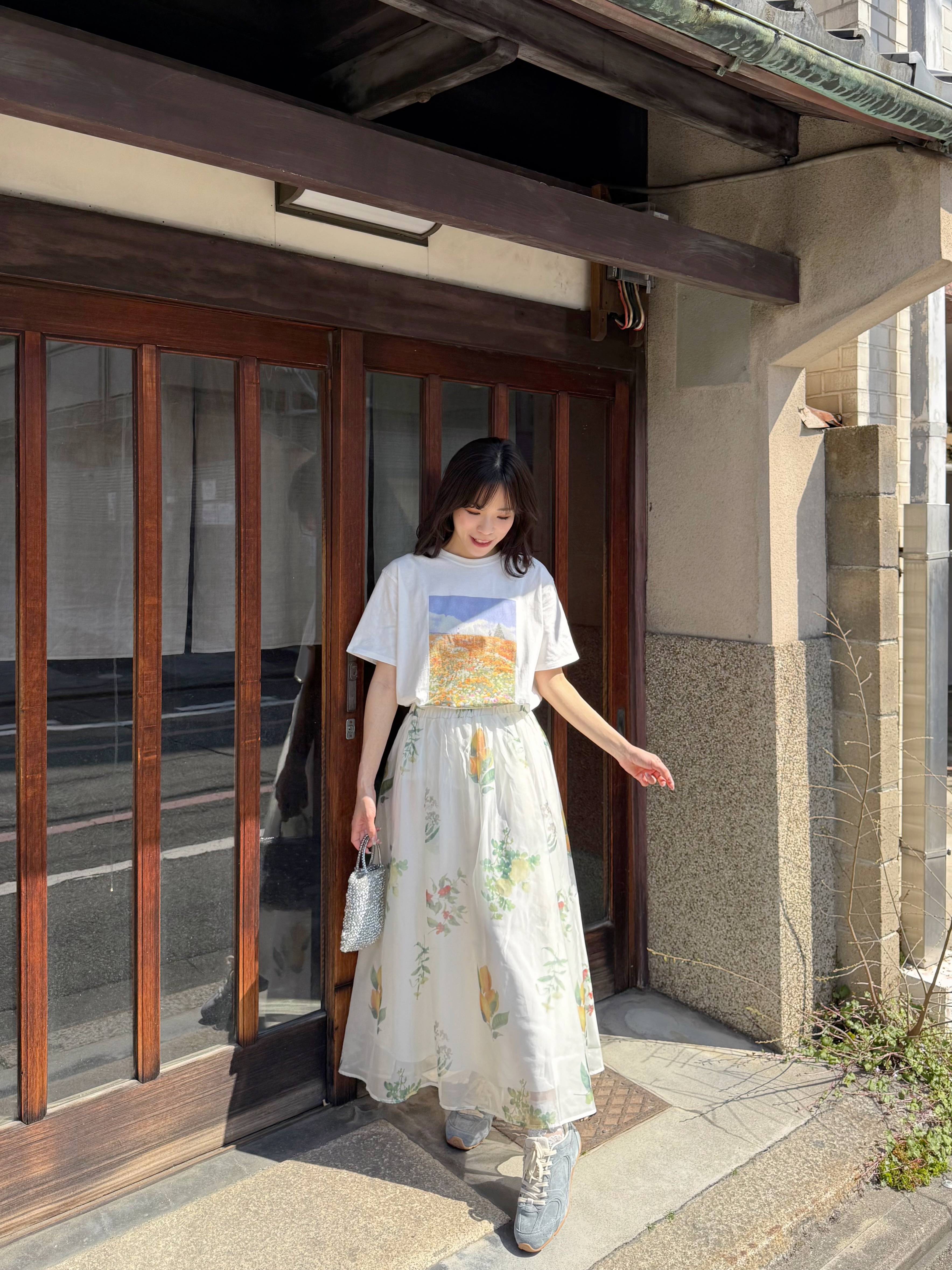 檸檬紅花光澤雪紡半身裙