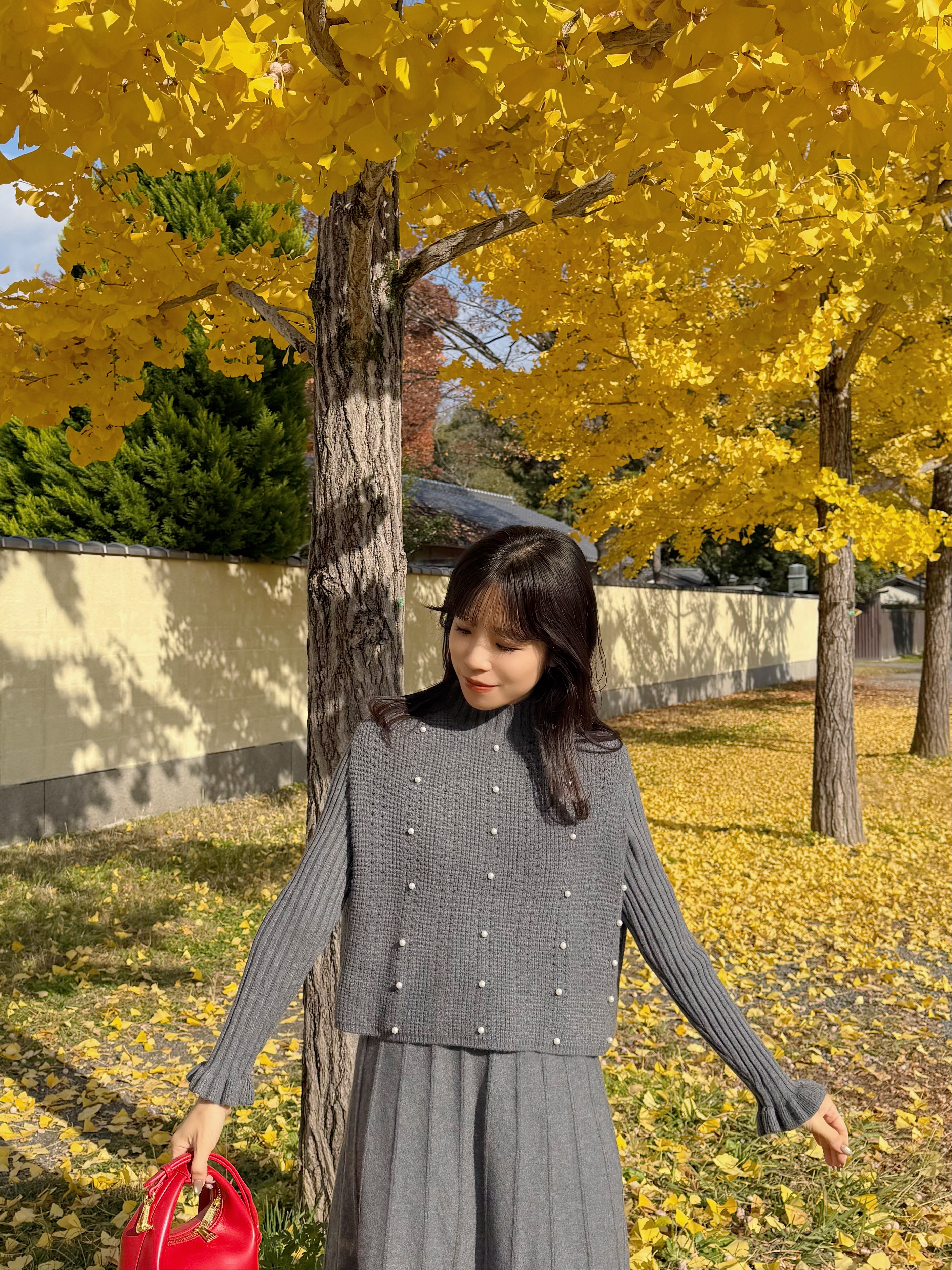 3色•珍珠斗篷針織及膝連身裙