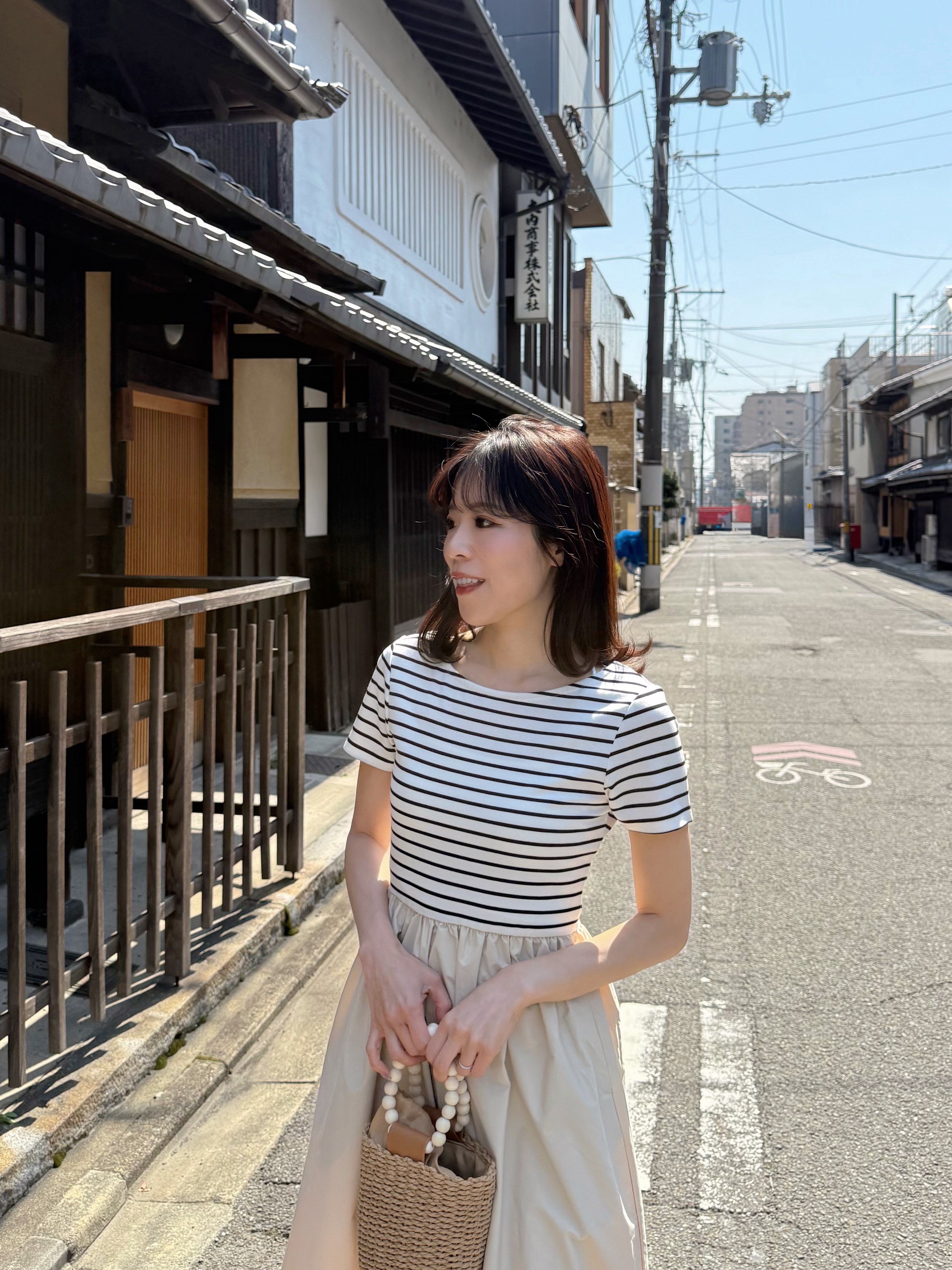 間條拼色修腰A line連身裙