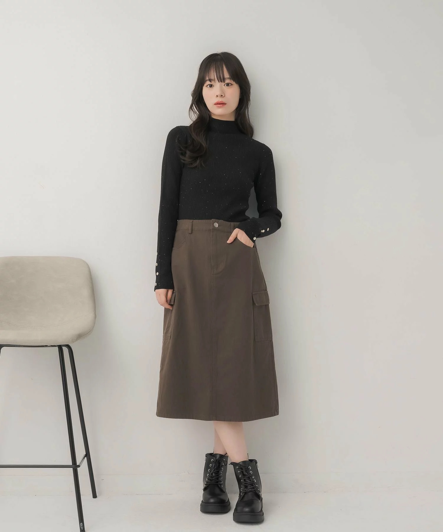 閃閃/ 淨色啞色扣閃閃企領針織