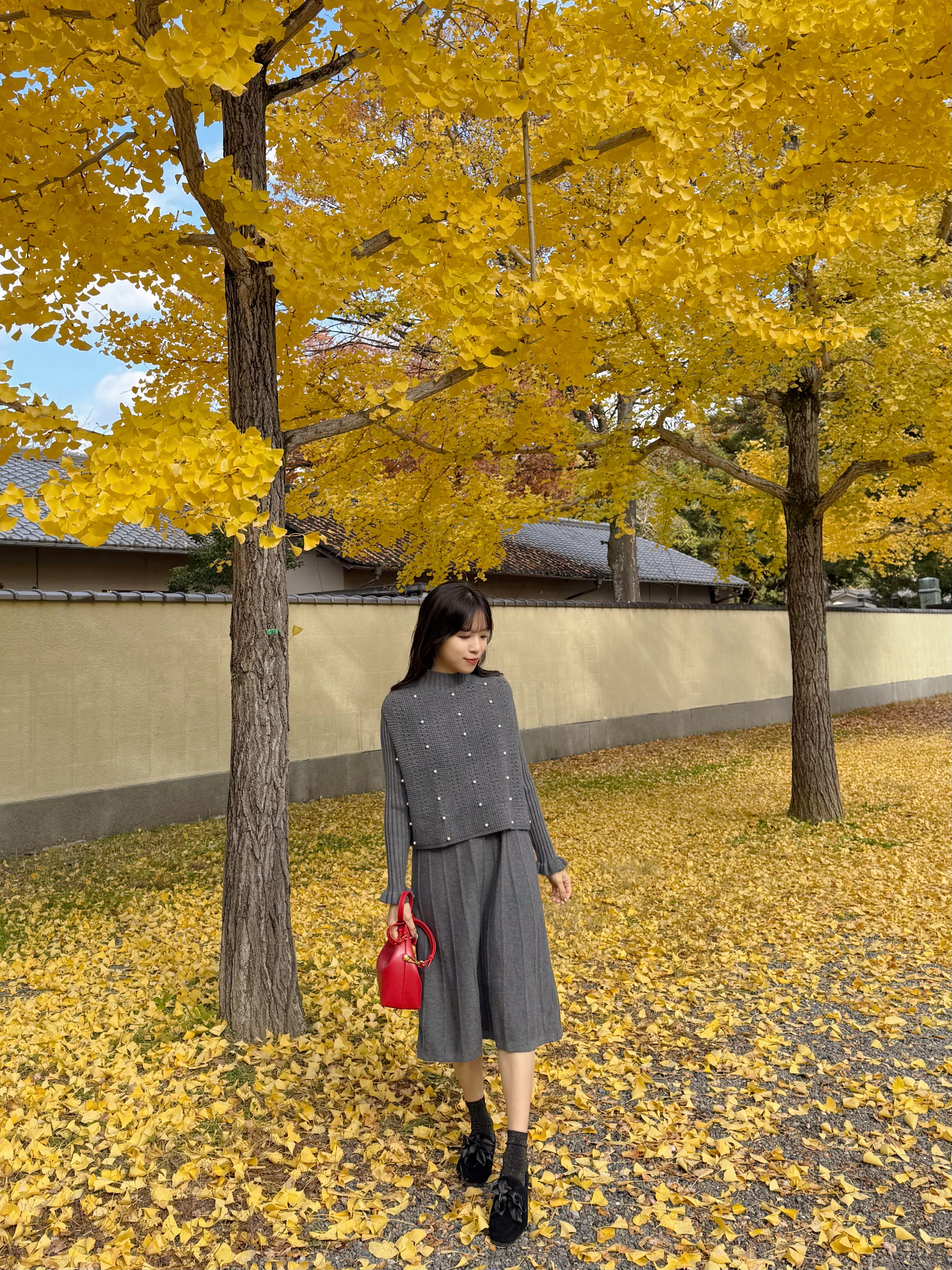 3色•珍珠斗篷針織及膝連身裙