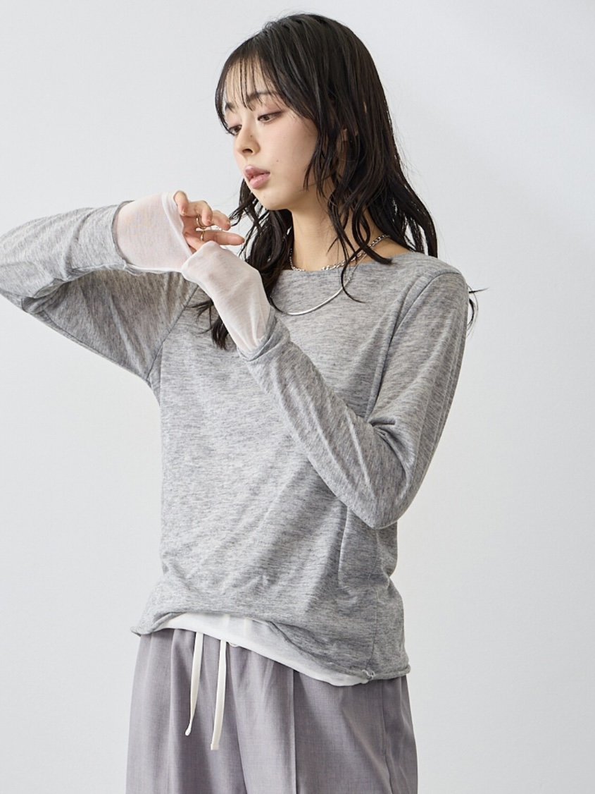 4色•假兩件拼色半透上衣