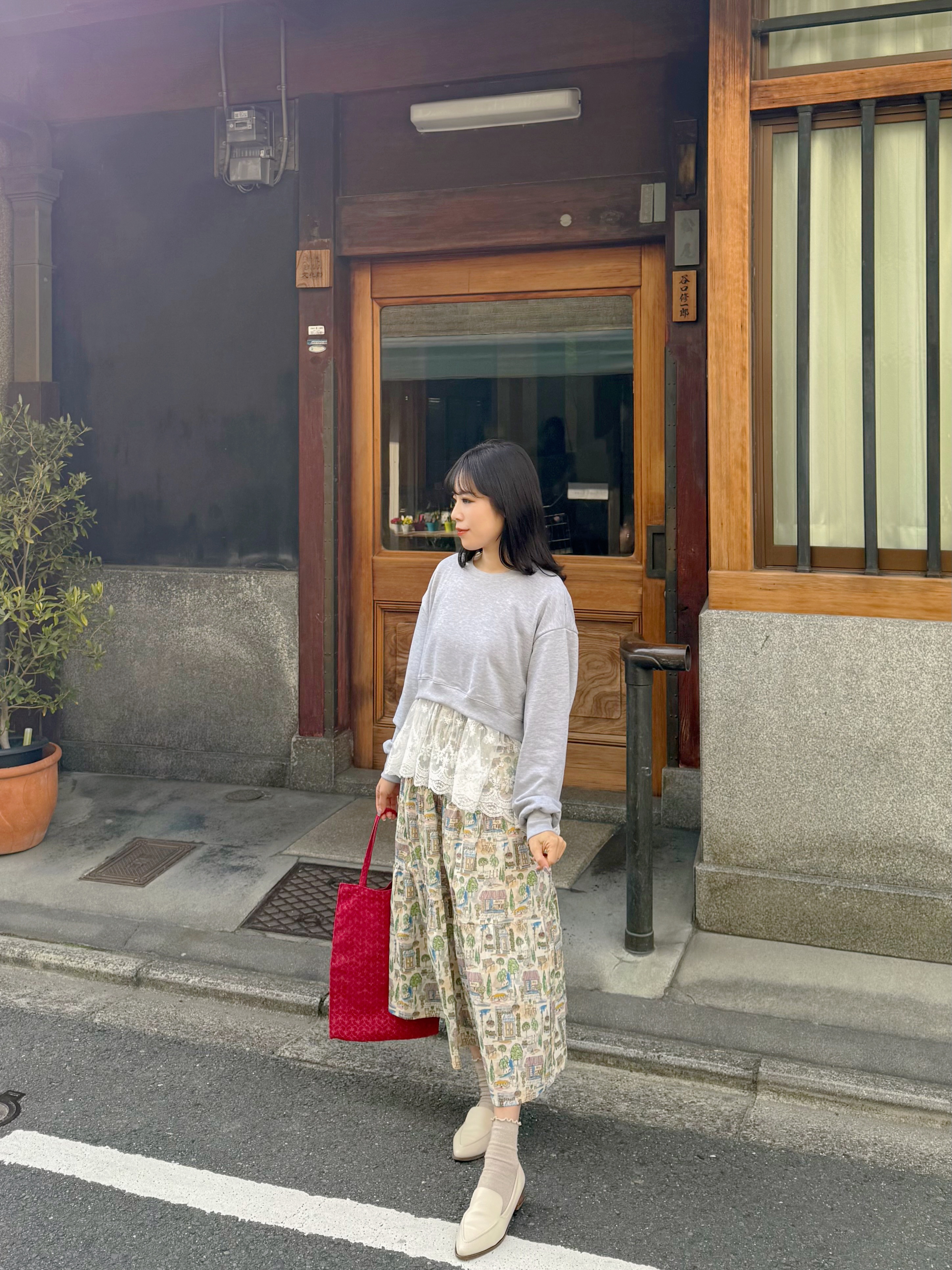 水彩風巴黎咖啡店印花綿質半身裙