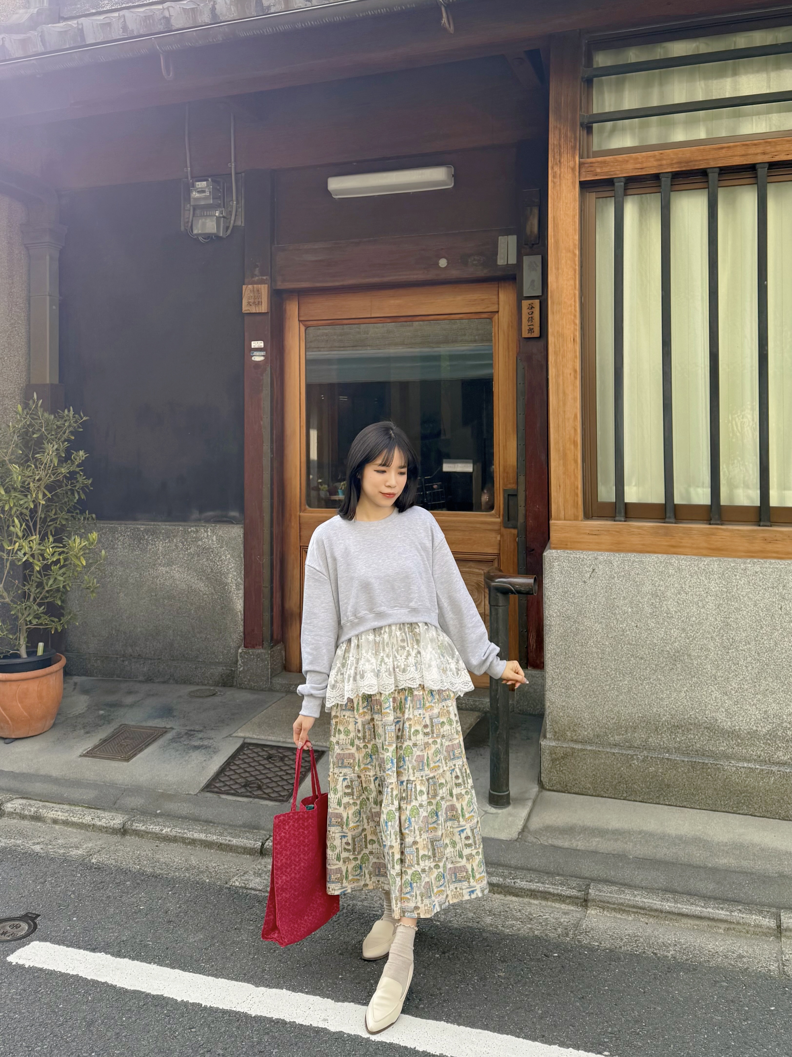 水彩風巴黎咖啡店印花綿質半身裙