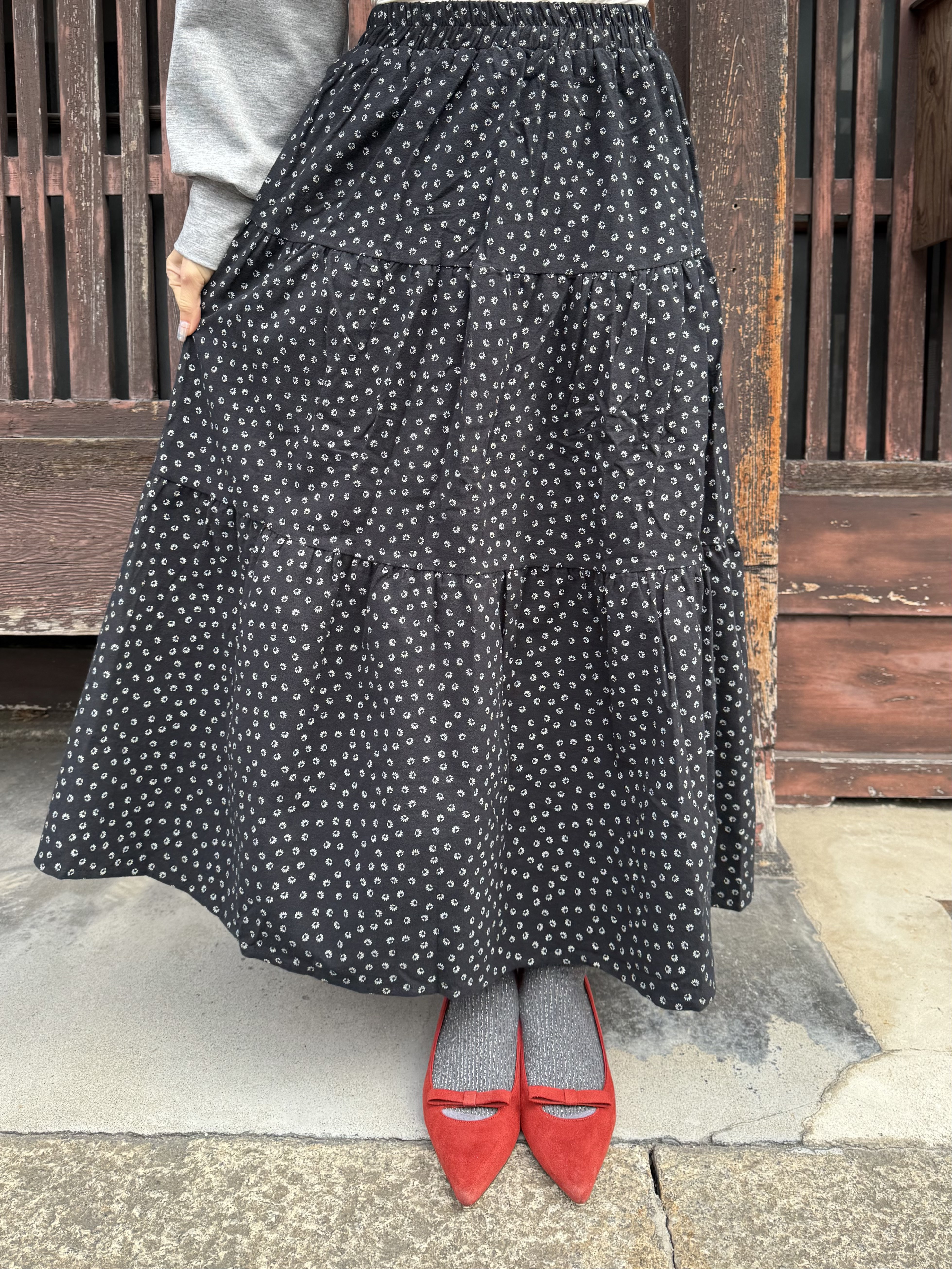 白色小花A line綿布半身裙