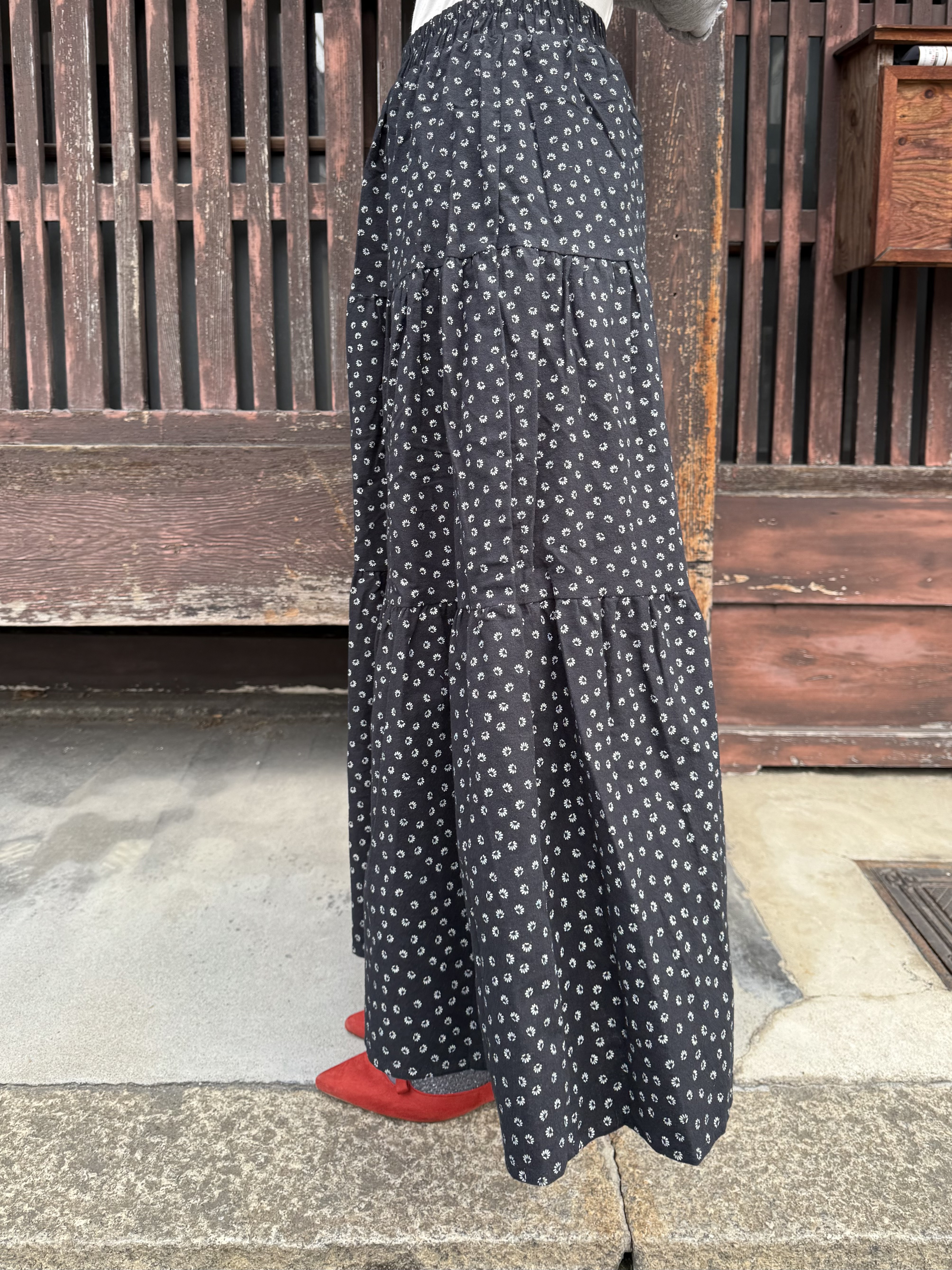 白色小花A line綿布半身裙