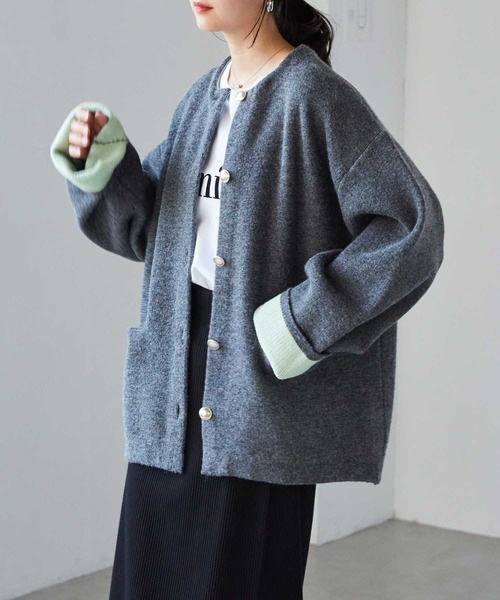 拼色金扣中長款針織外套