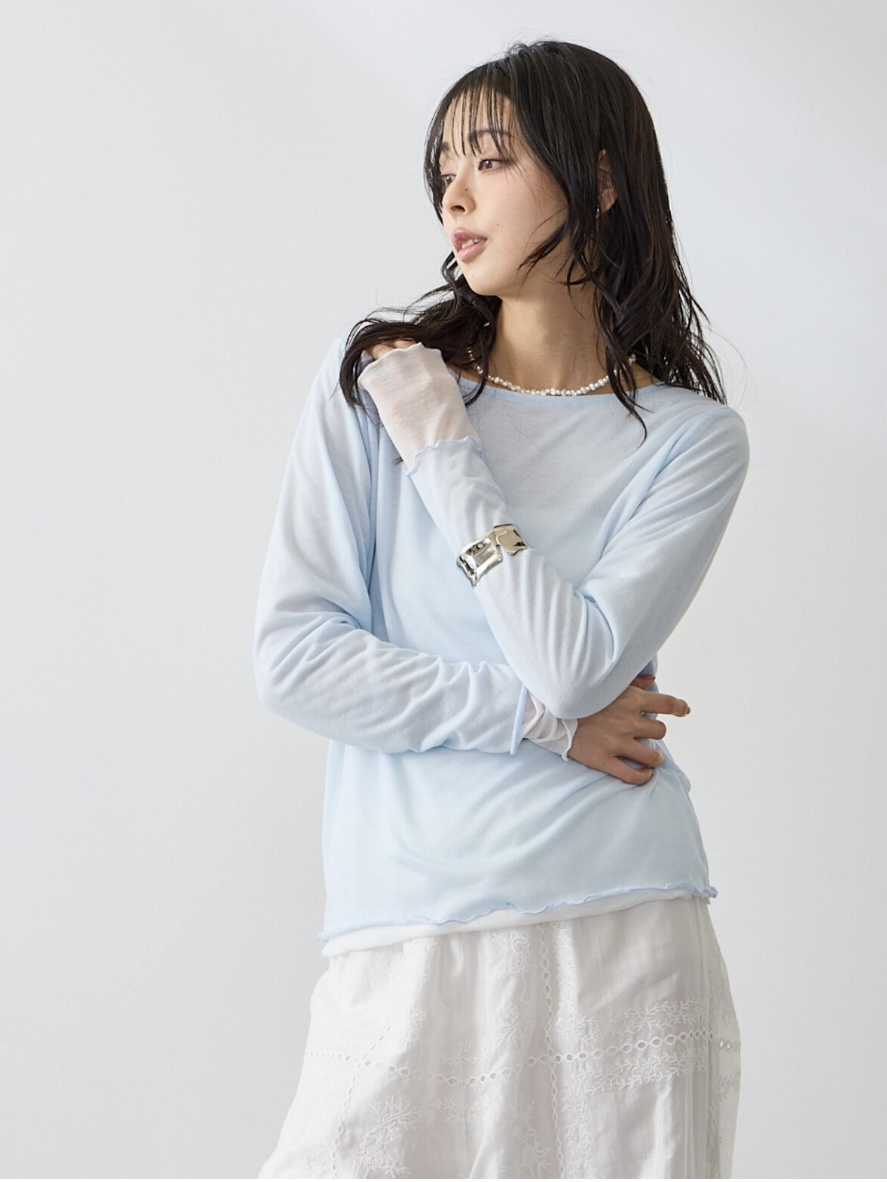 4色•假兩件拼色半透上衣