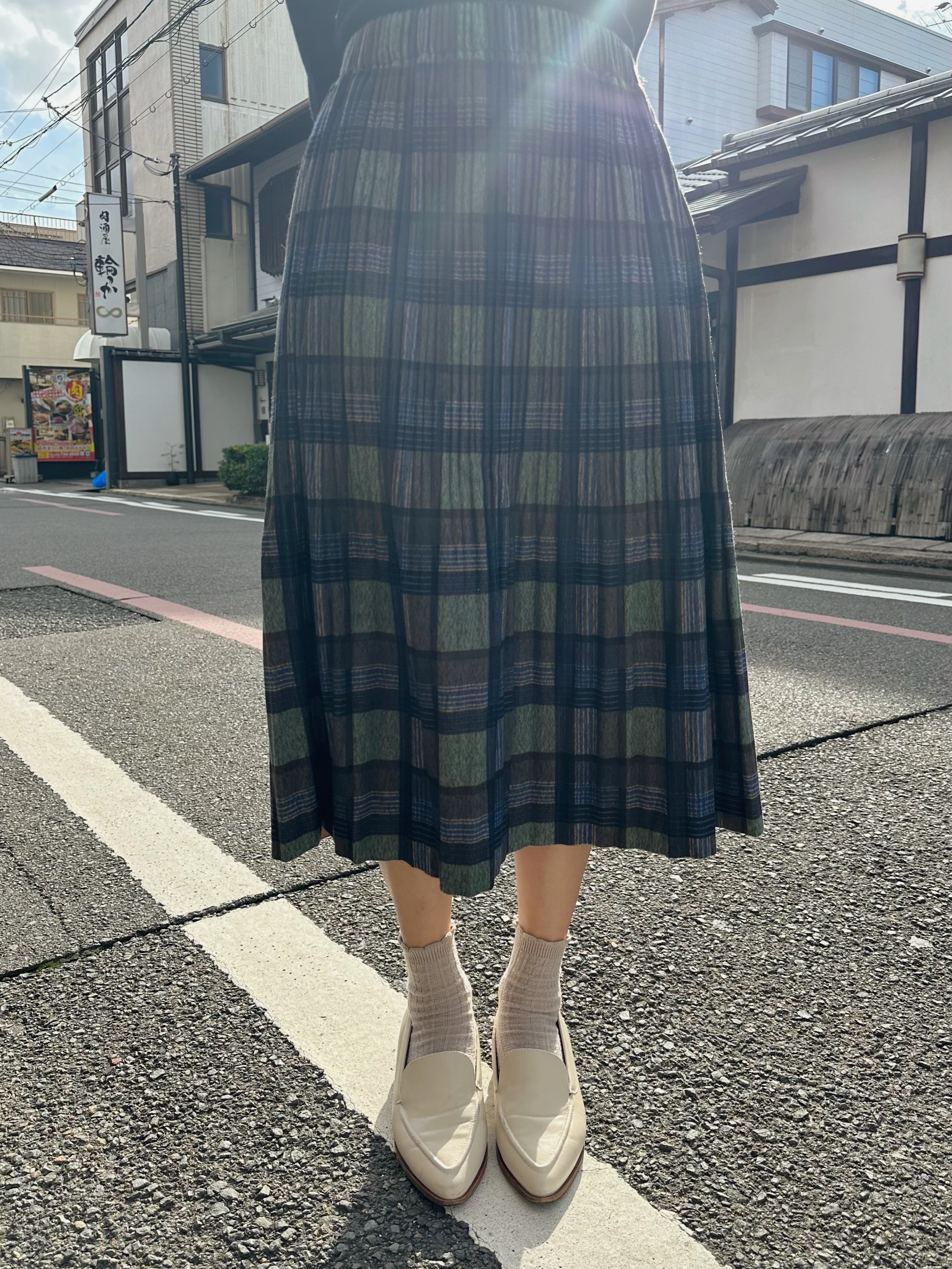 英倫風藍綠格紋薄絨長裙