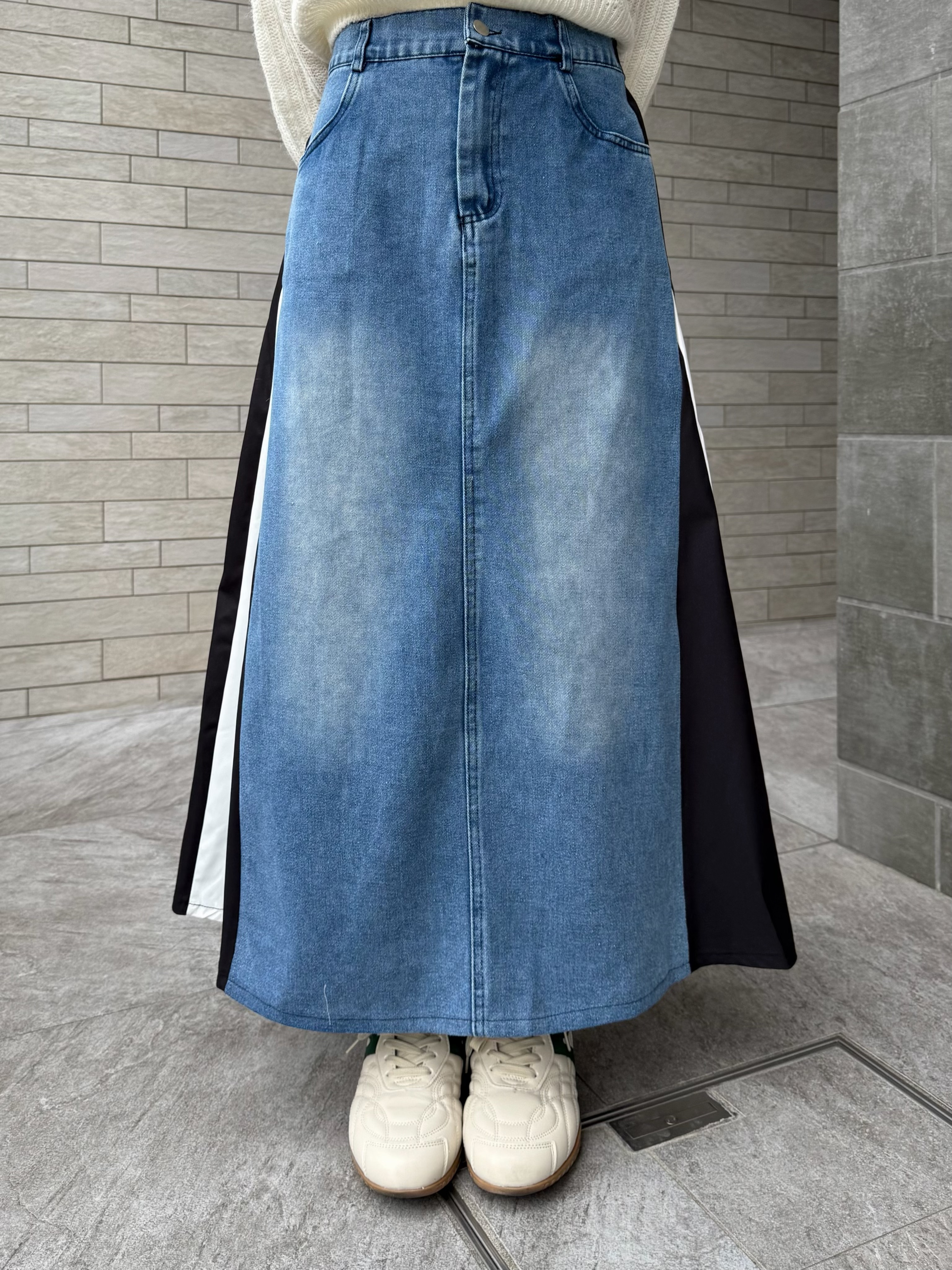拼色布A line牛仔長款半身裙