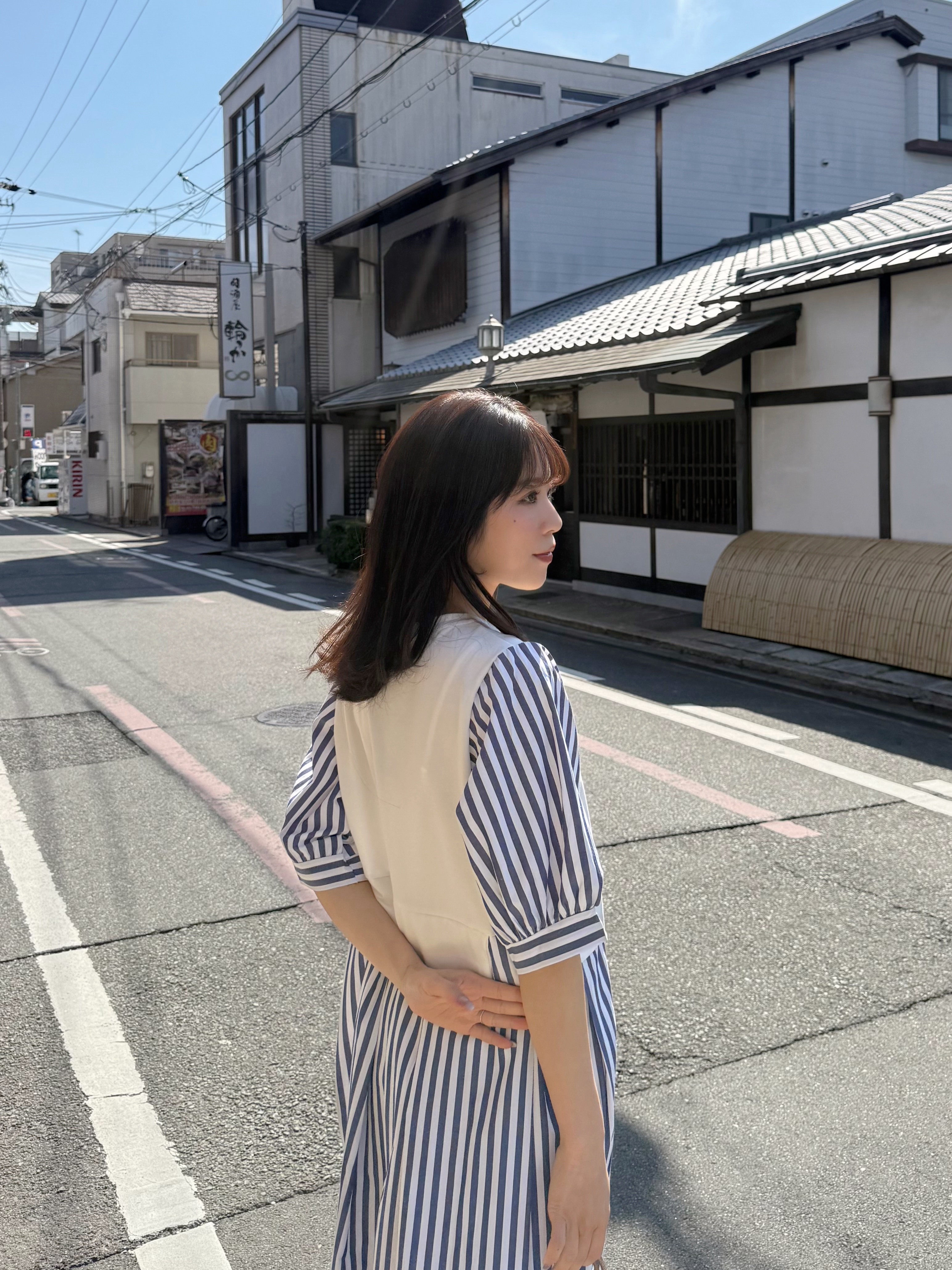 2色•5分袖直條紋拼色布連身裙