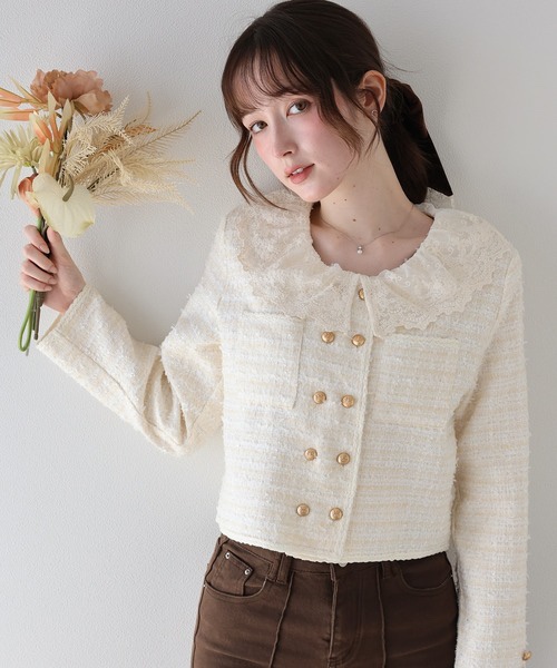 2色•M-L•蕾絲領粗花呢短外套