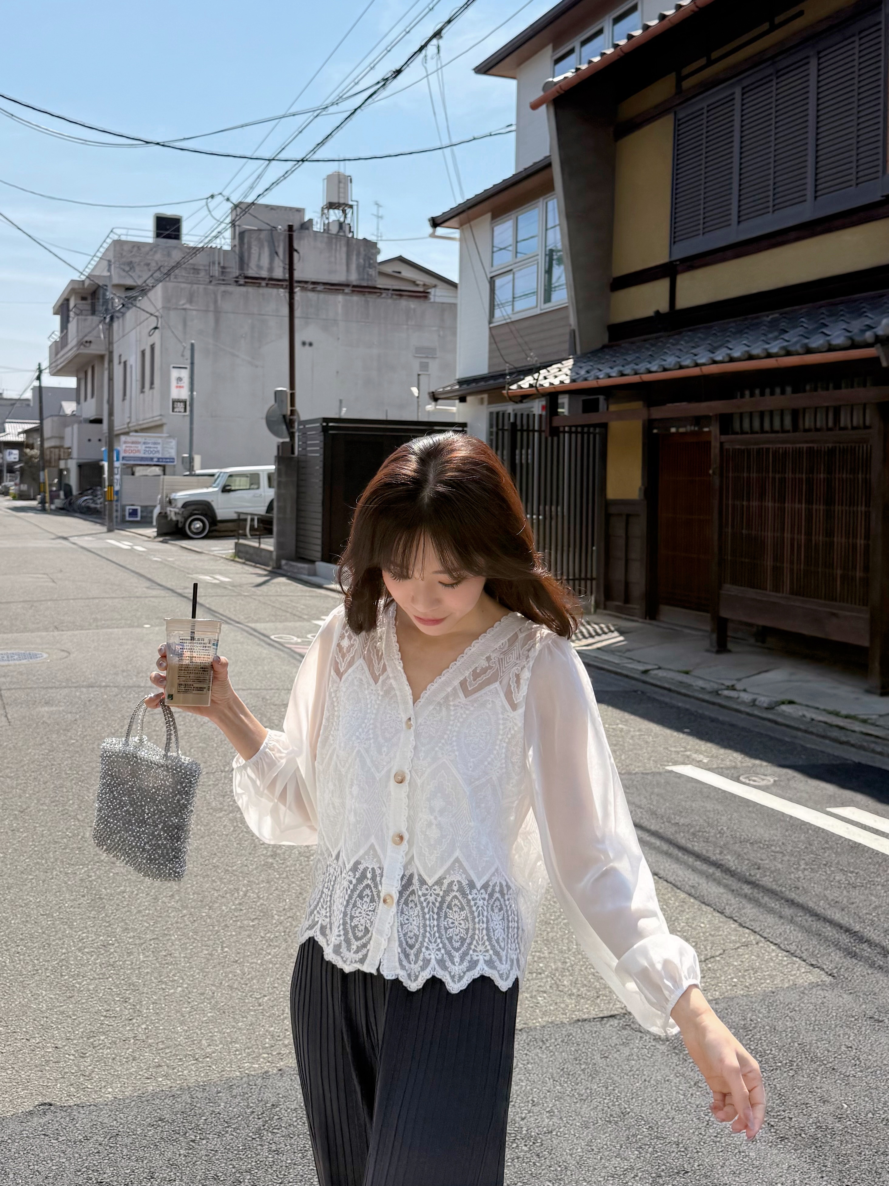 V領蕾絲雪紡袖外套上衣