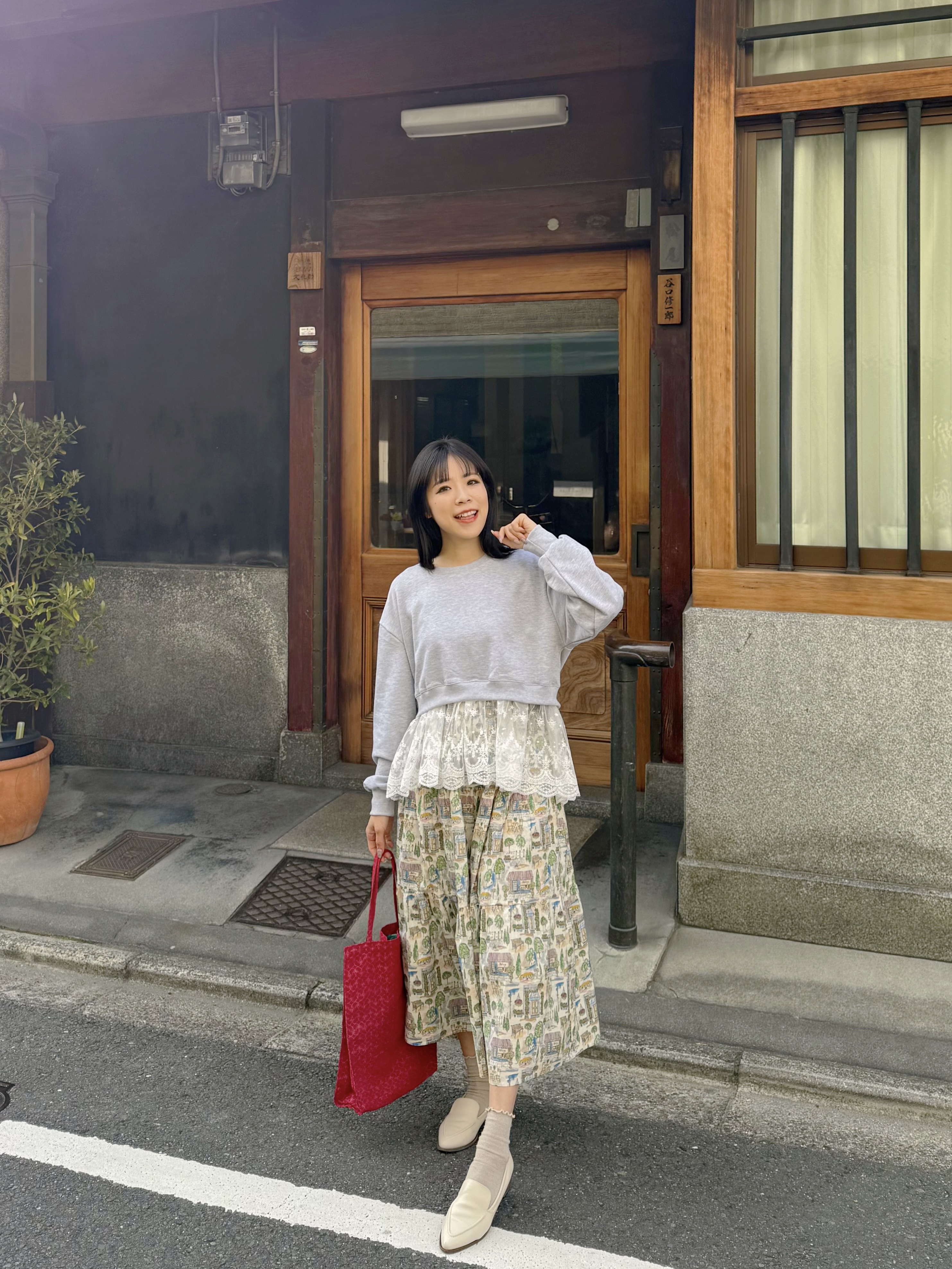 水彩風巴黎咖啡店印花綿質半身裙