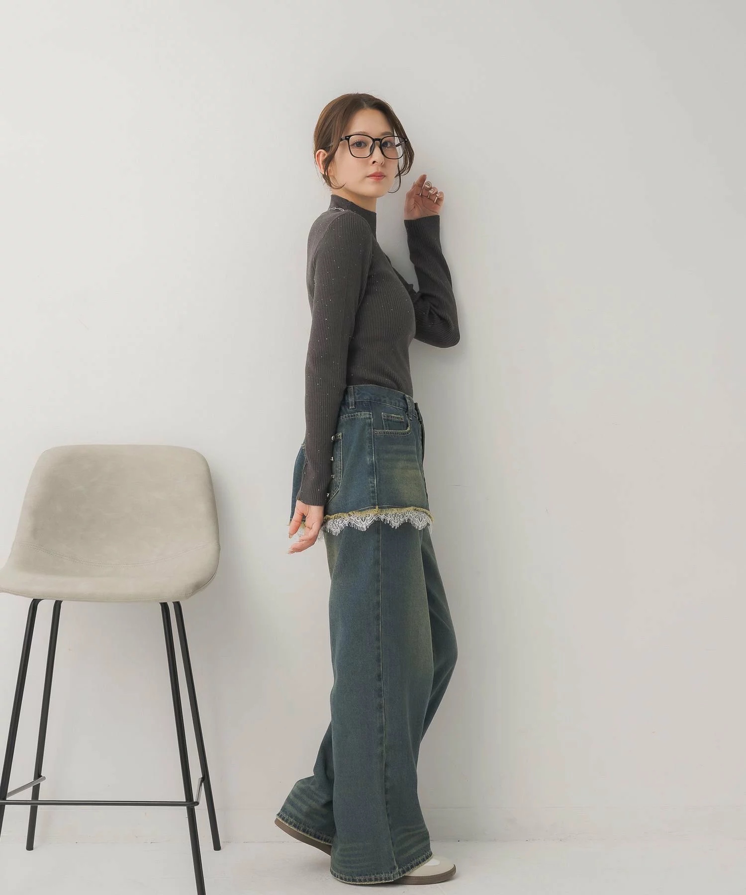 閃閃/ 淨色啞色扣閃閃企領針織