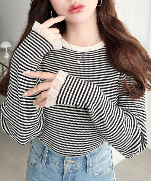 10色•M-L•圓領透紗荷葉袖口羅紋針織上衣