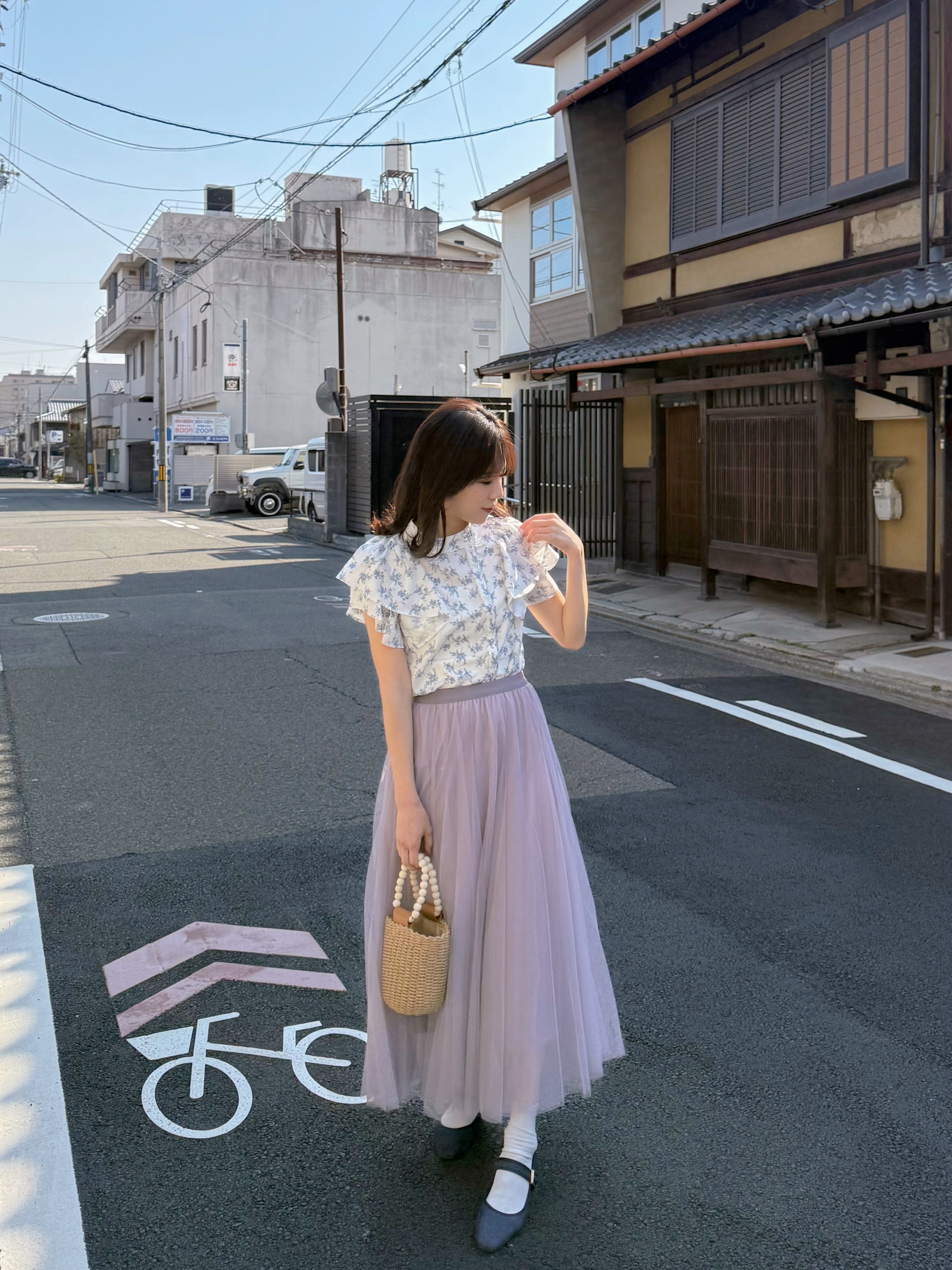 薰衣草紫色紗紗長款半身裙