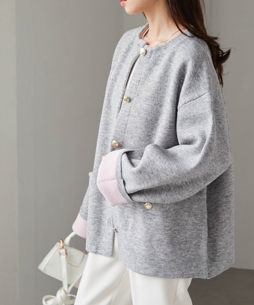 拼色金扣中長款針織外套