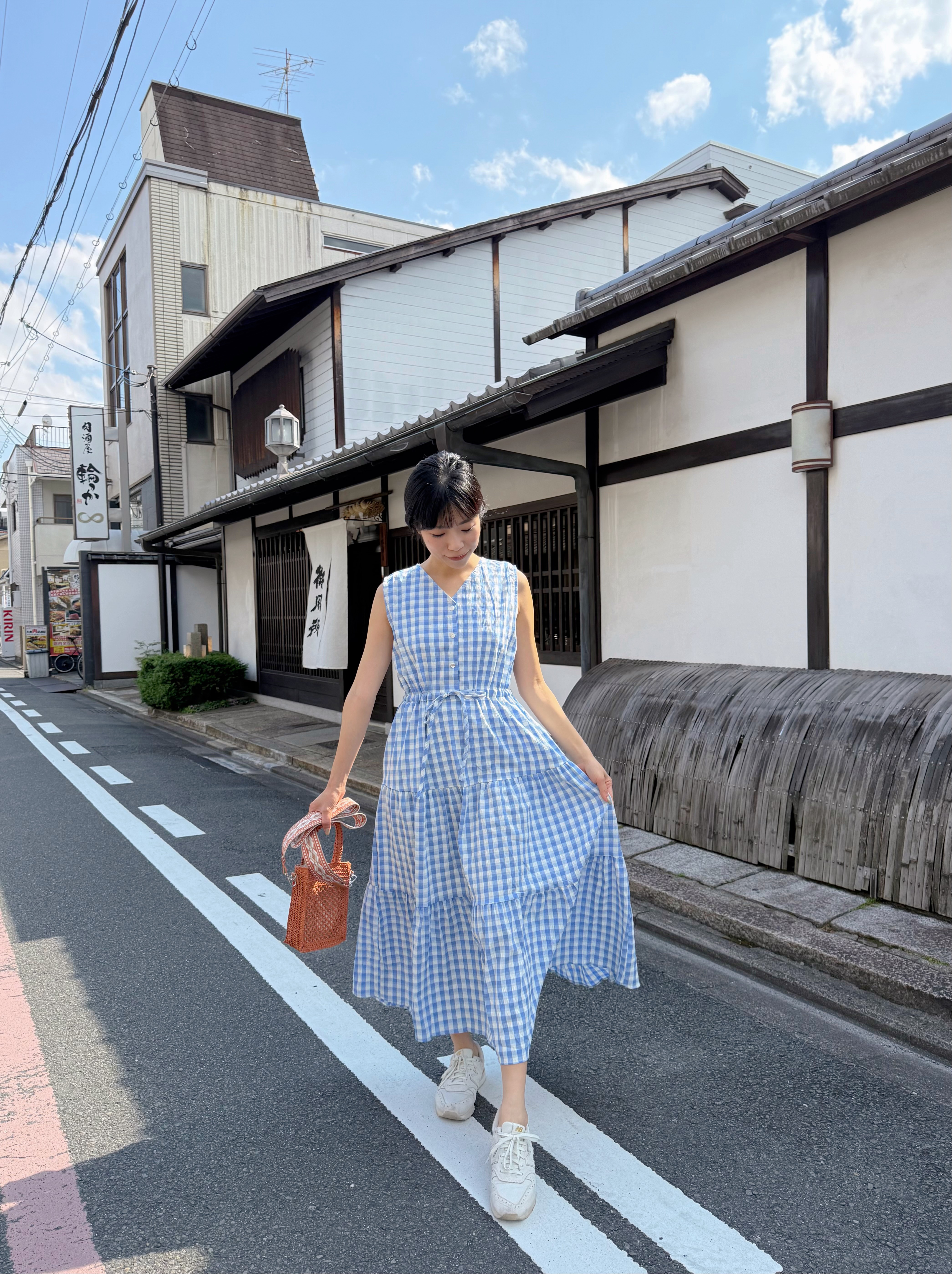 V領格仔背心雪紡連身裙