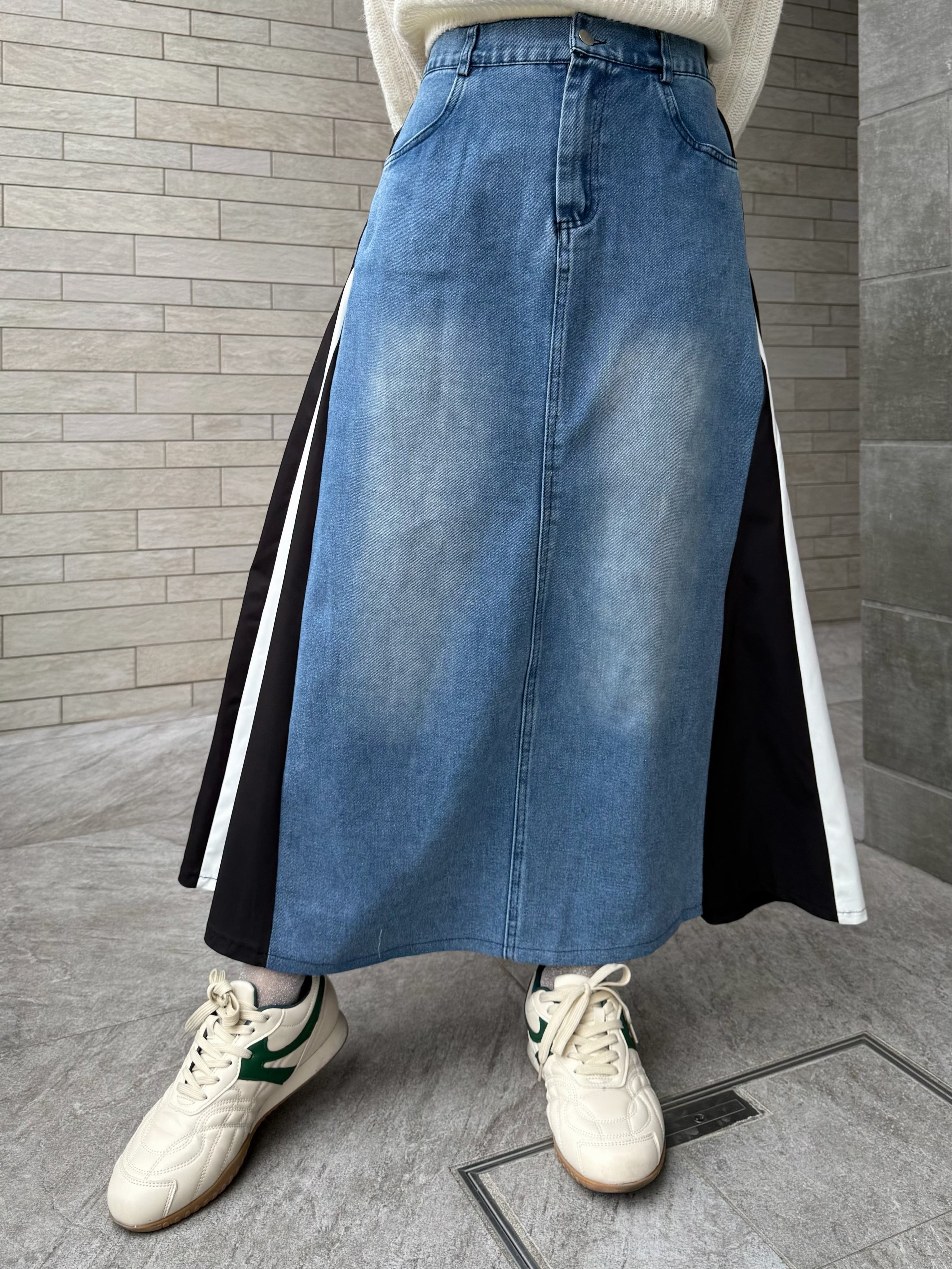 拼色布A line牛仔長款半身裙