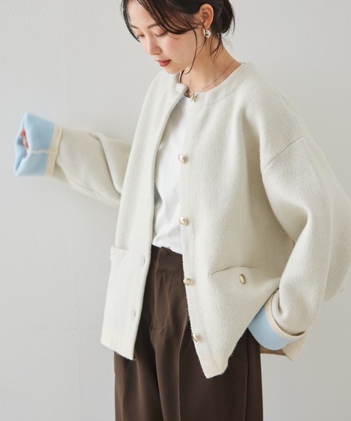 拼色金扣中長款針織外套