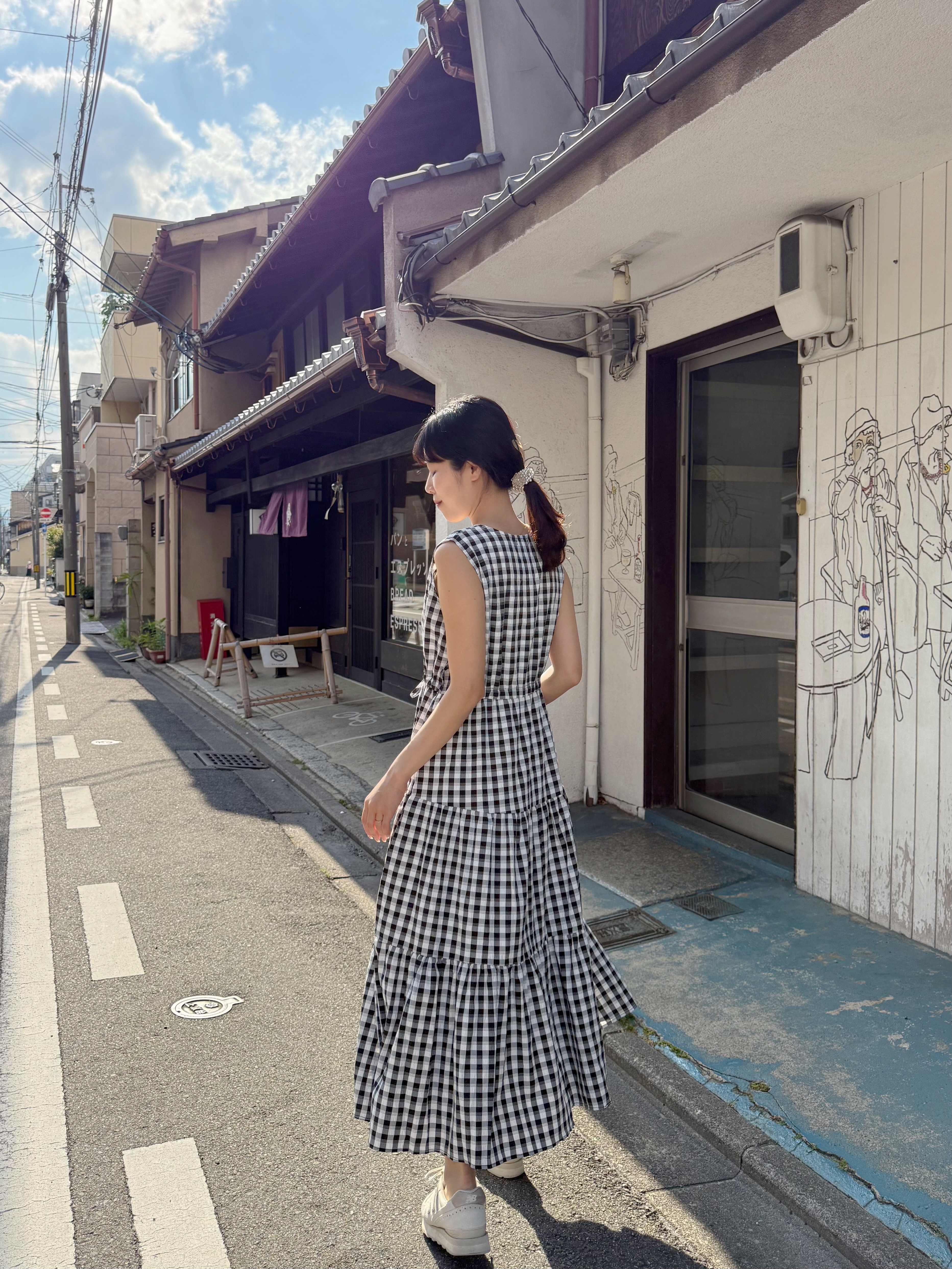 V領格仔背心雪紡連身裙