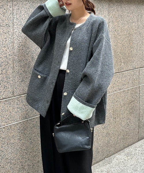 拼色金扣中長款針織外套