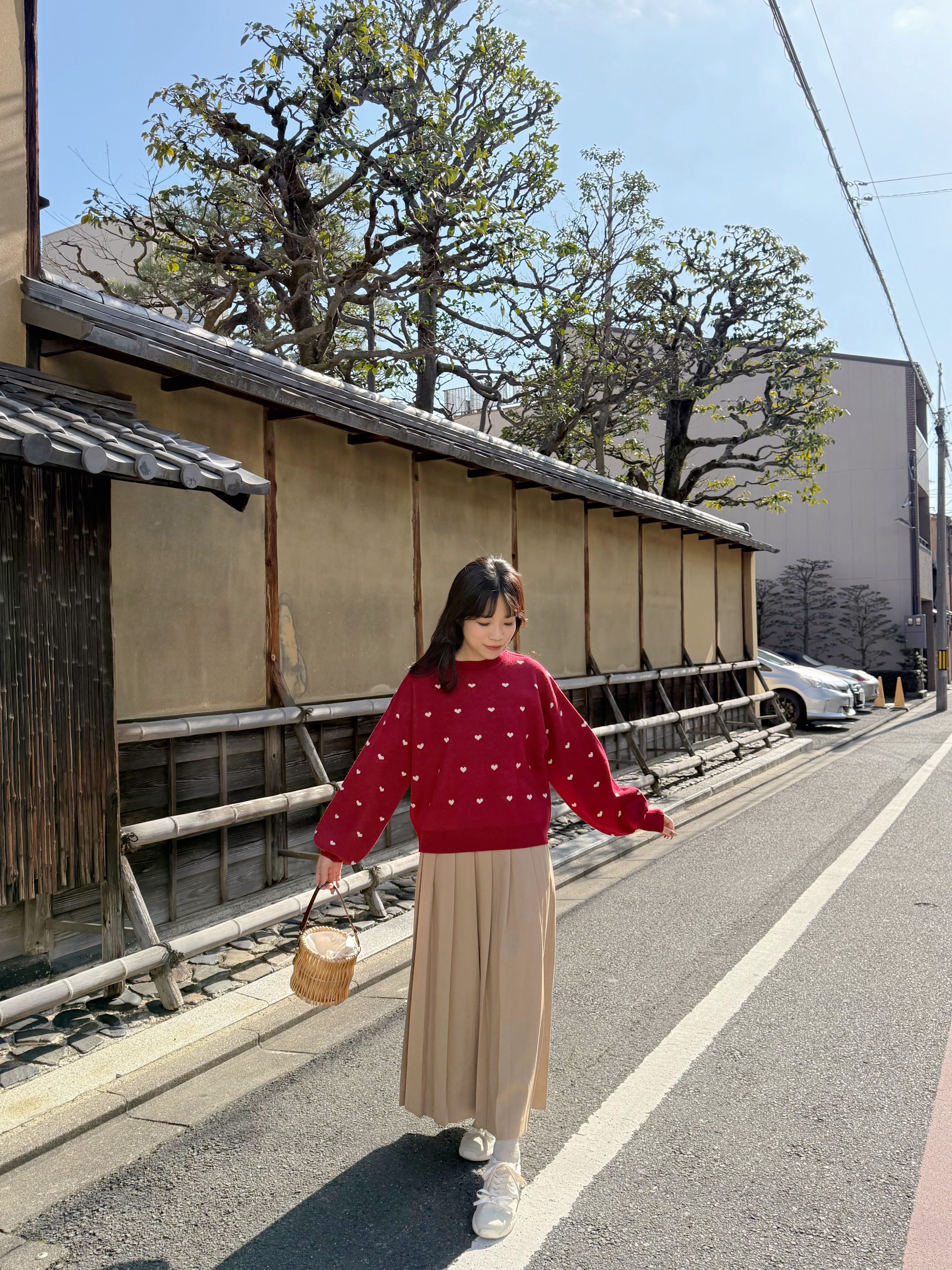 2色•金扣淨色百褶長款半身裙