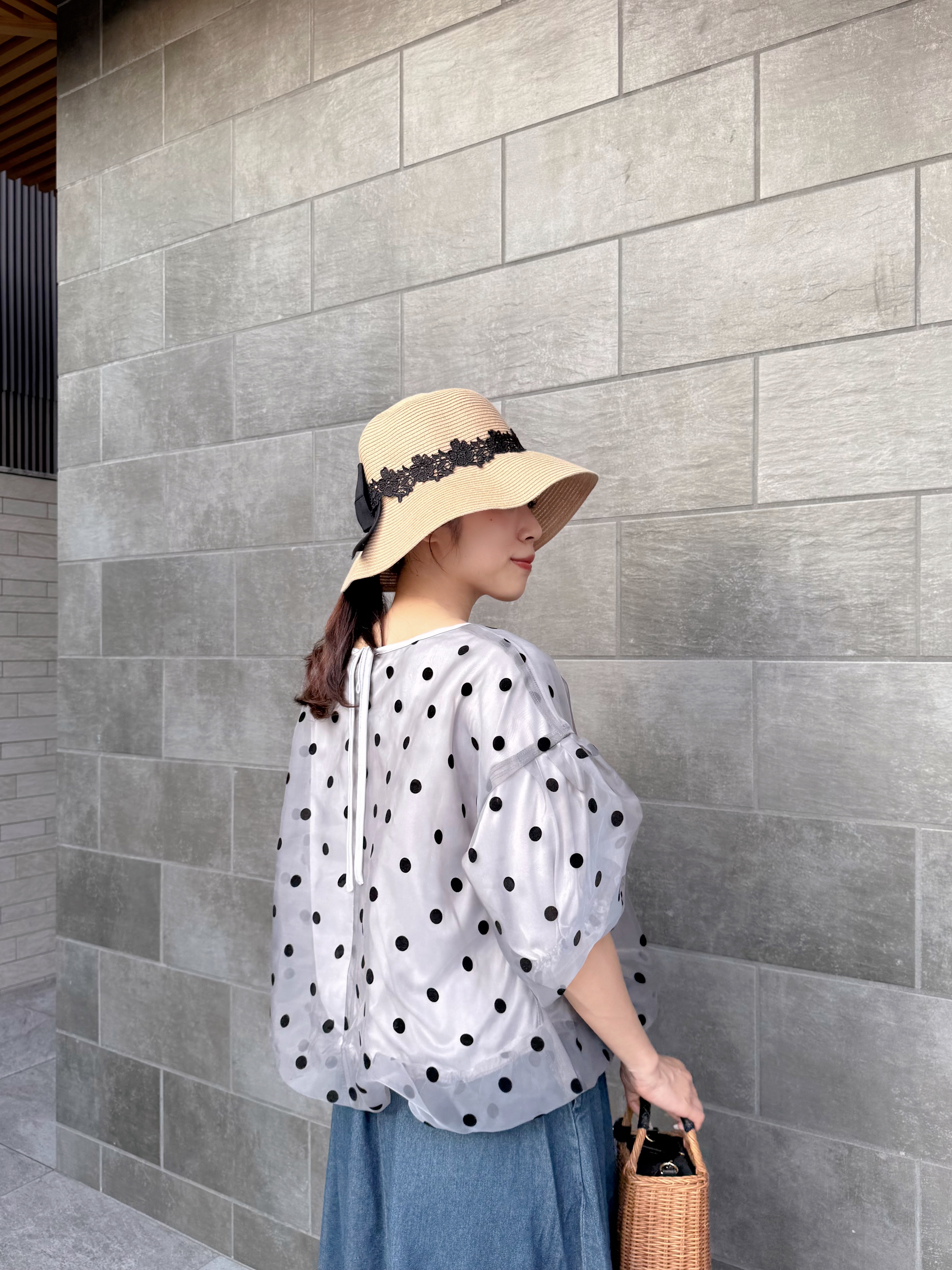 泡泡袖波點雪紡上衣