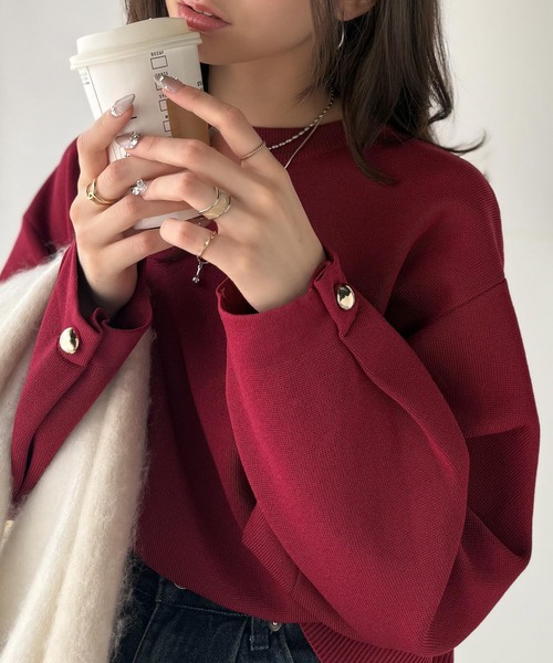 6色•金扣手袖防起毛粒針織上衣