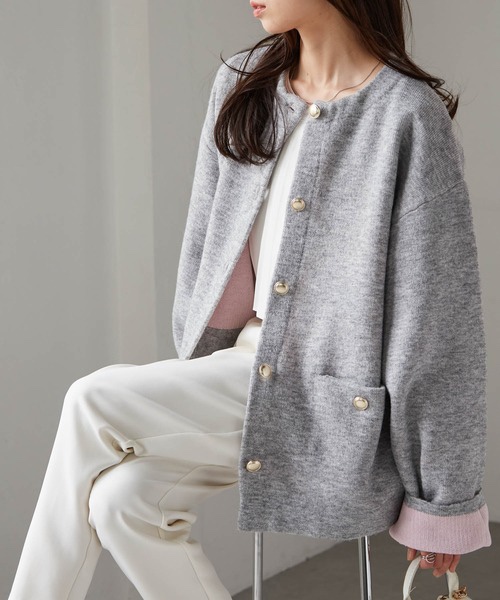 拼色金扣中長款針織外套