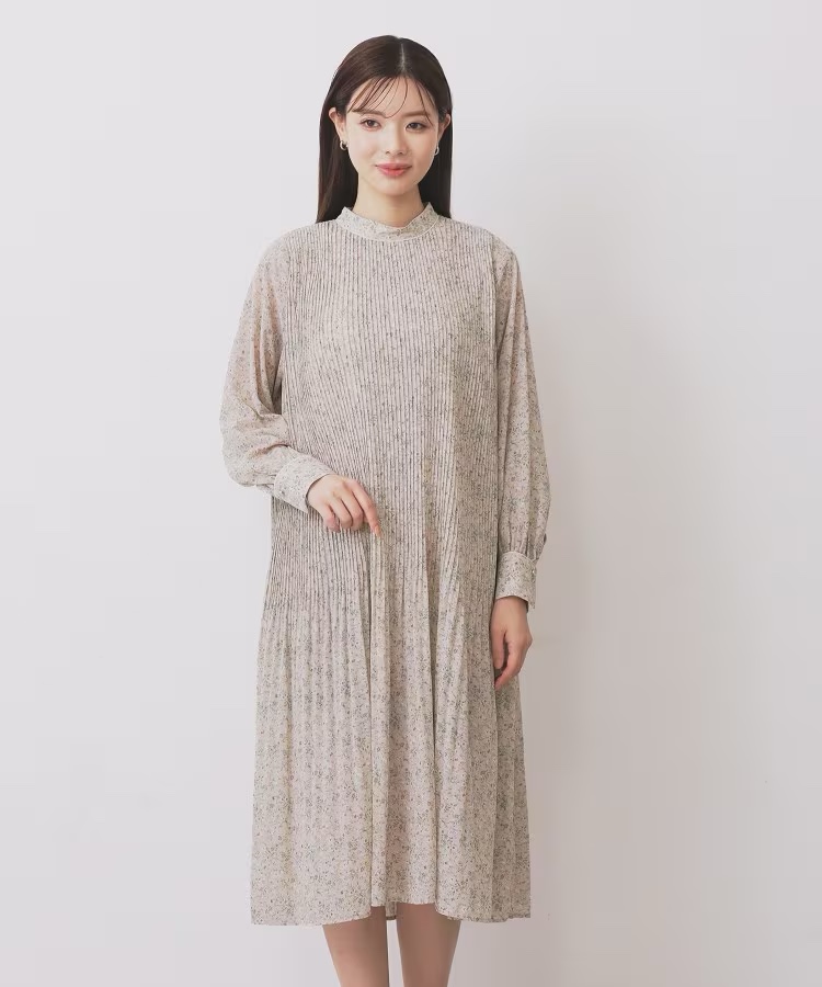 3色•百褶腰帶雪紡連身裙