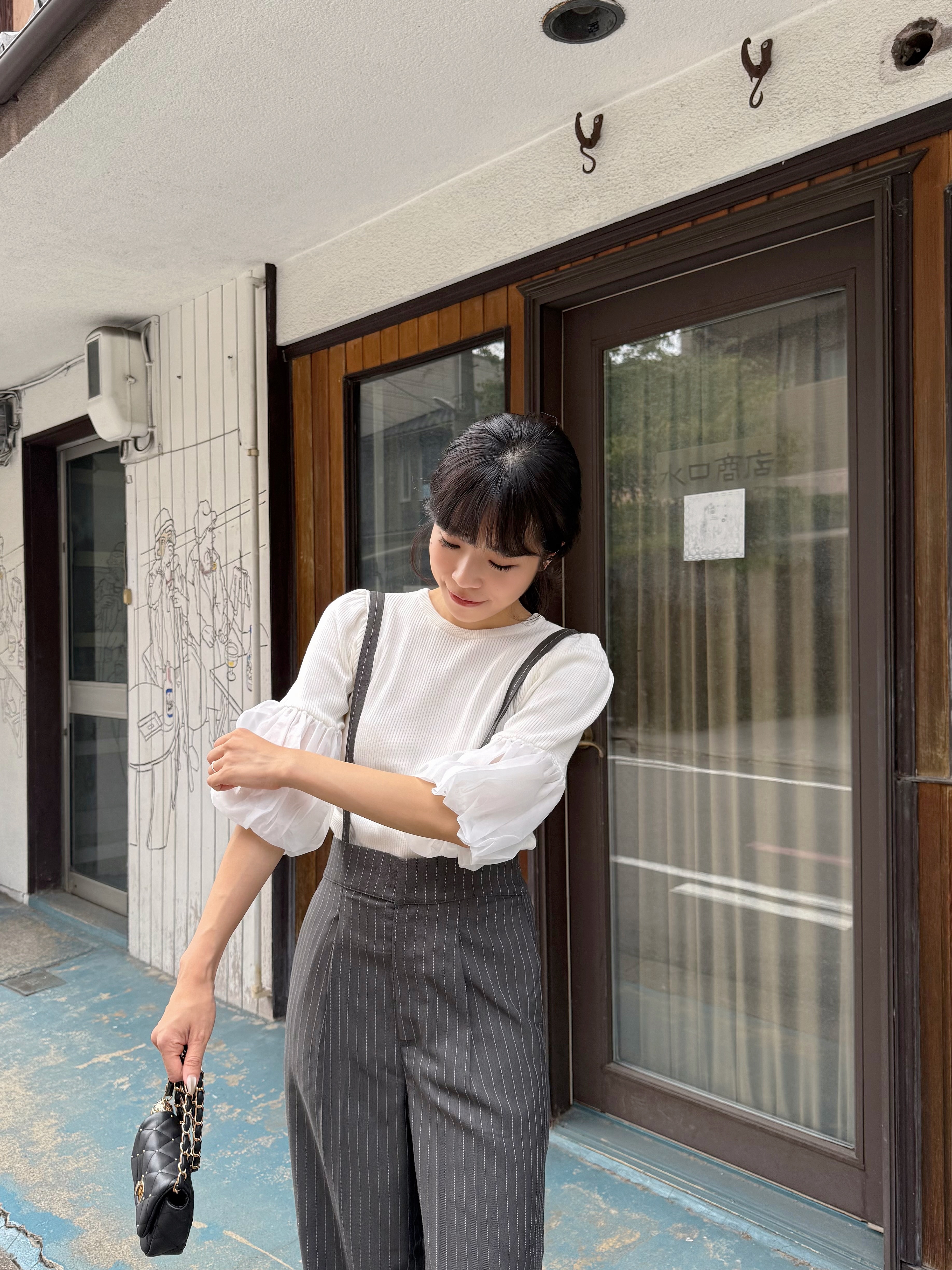 直條紋吊帶長褲