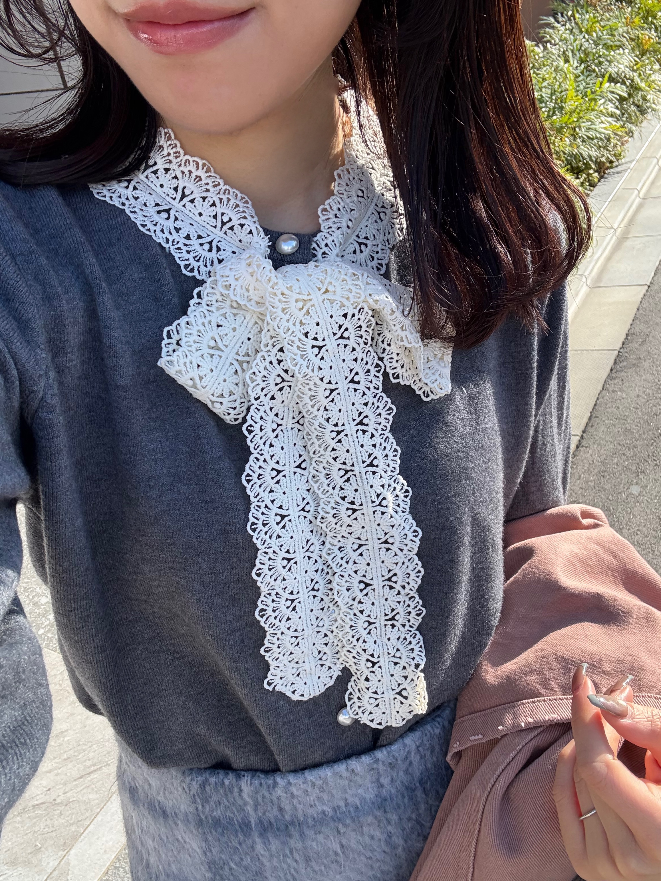 3色•蕾絲蝴蝶結領帶針織外套上衣